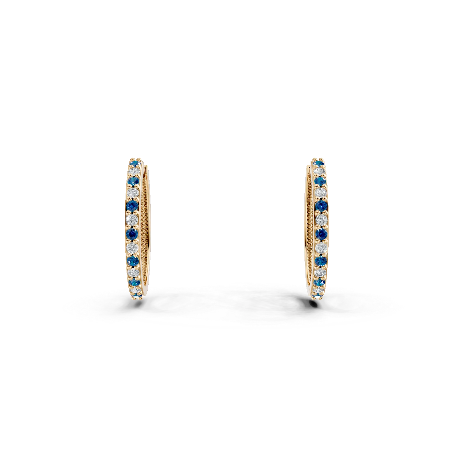 Cercei creole din aur galben cu zirconii albe si albastre