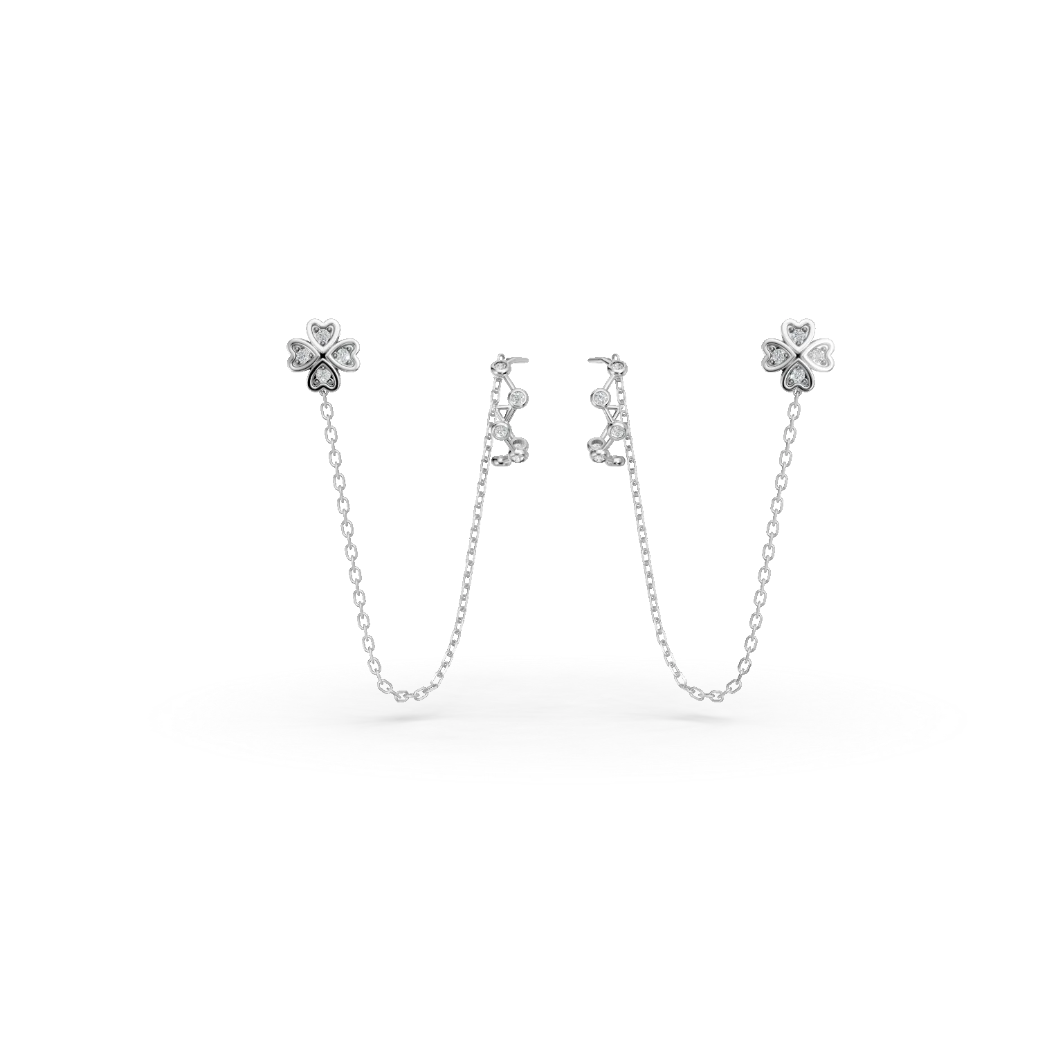 Cercei on ear cu trifoi din aur alb cu zirconii