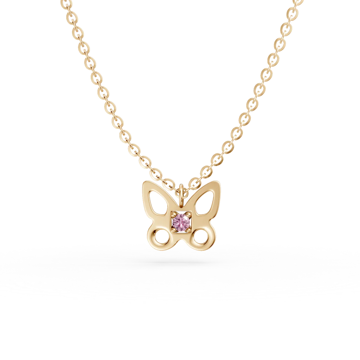 Lant cu pandantiv fluture din aur galben cu zirconia roz pentru copii