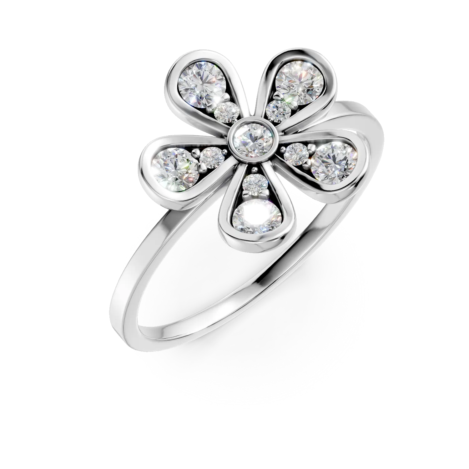 Inel floare din aur alb cu diamante de 0.2ct create in laborator