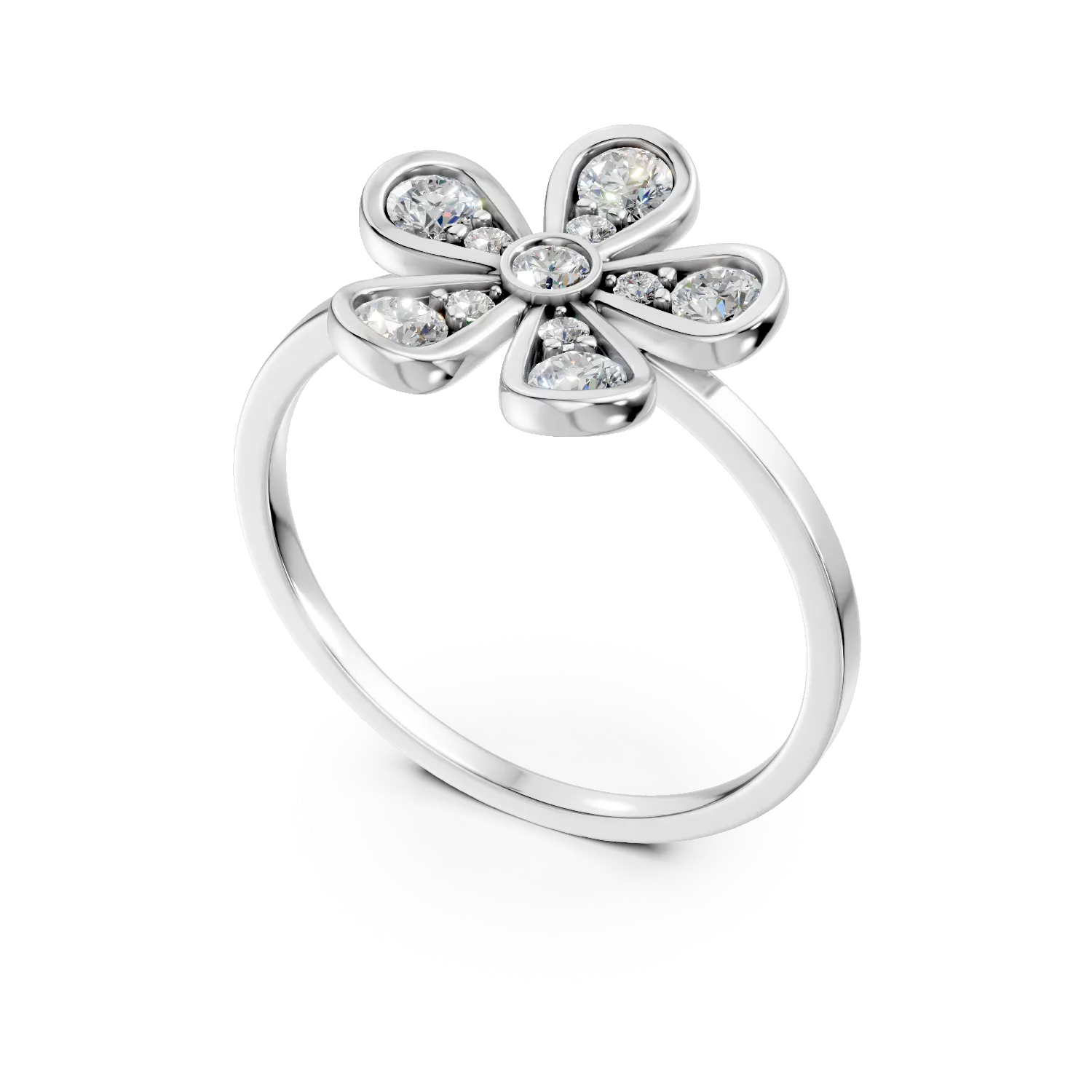 Inel floare din aur alb cu diamante de 0.2ct create in laborator