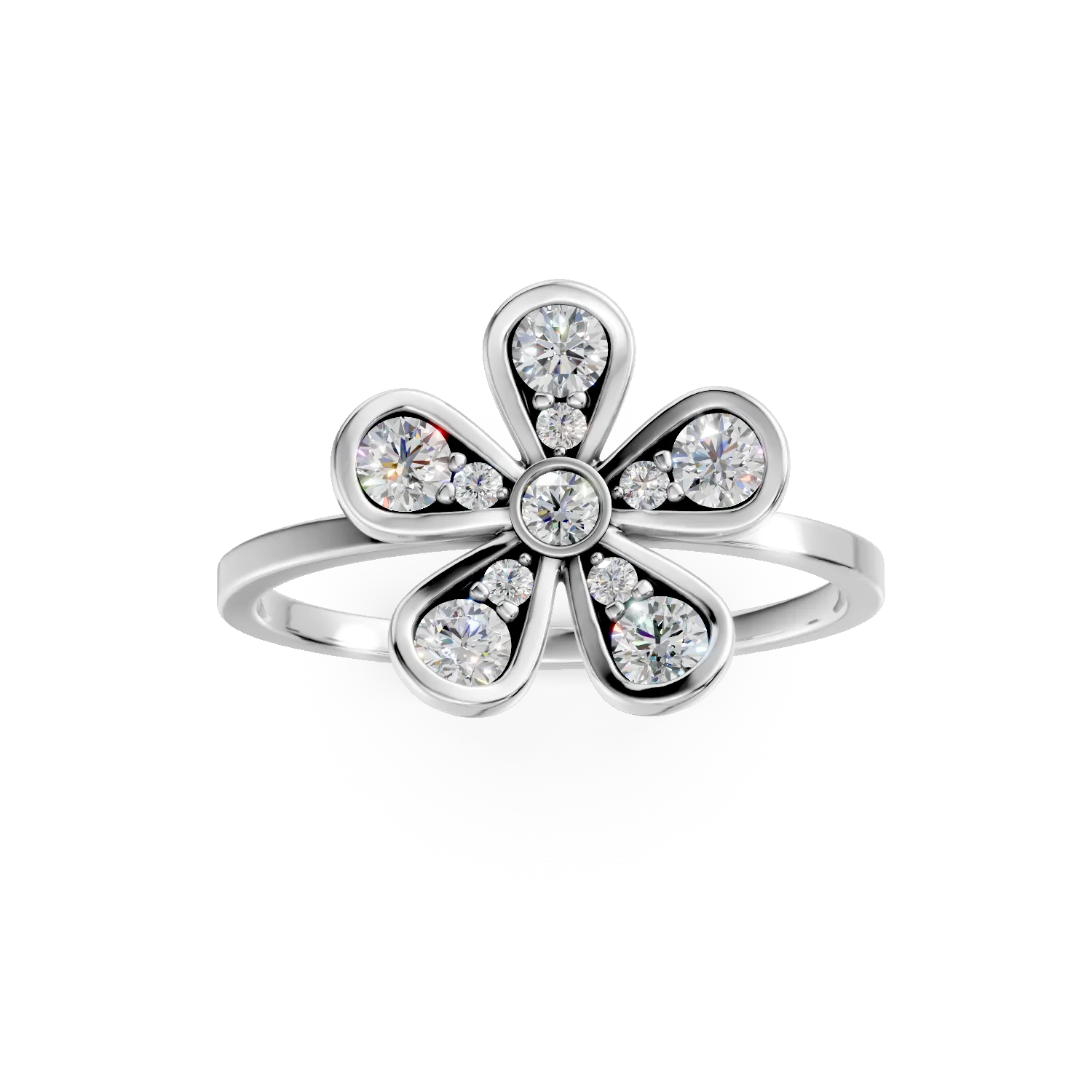 Inel floare din aur alb cu diamante de 0.2ct create in laborator