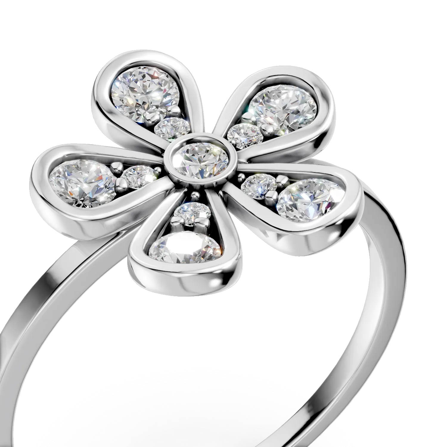 Inel floare din aur alb cu diamante de 0.2ct create in laborator