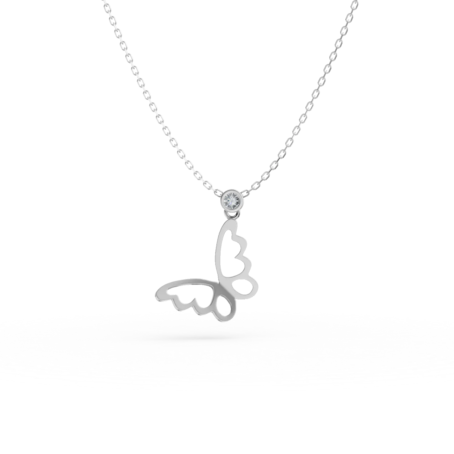 Lant cu pandantiv fluture din aur alb cu diamant de 0.02ct creat in laborator