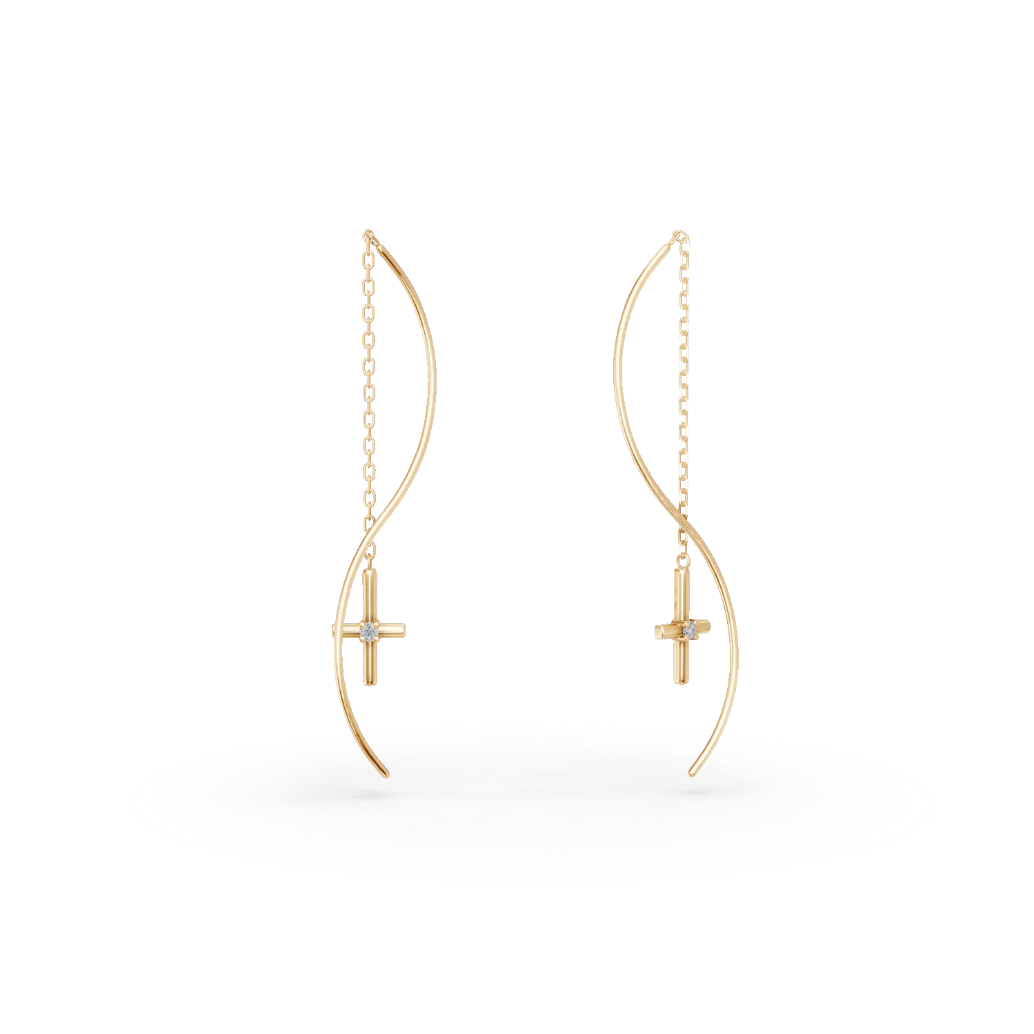Cercei lungi cu cruciulite din aur galben cu diamante de 0.03ct create in laborator