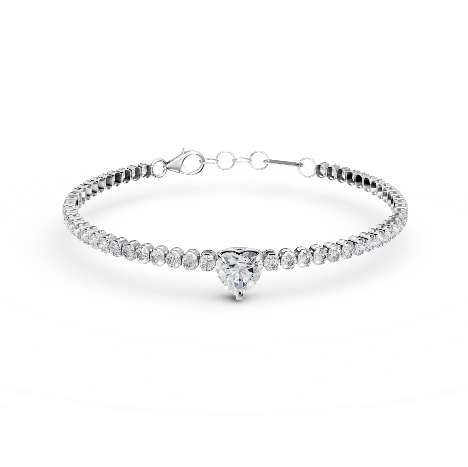 Bratara tennis cu pandantiv inimioara din aur alb cu zirconii