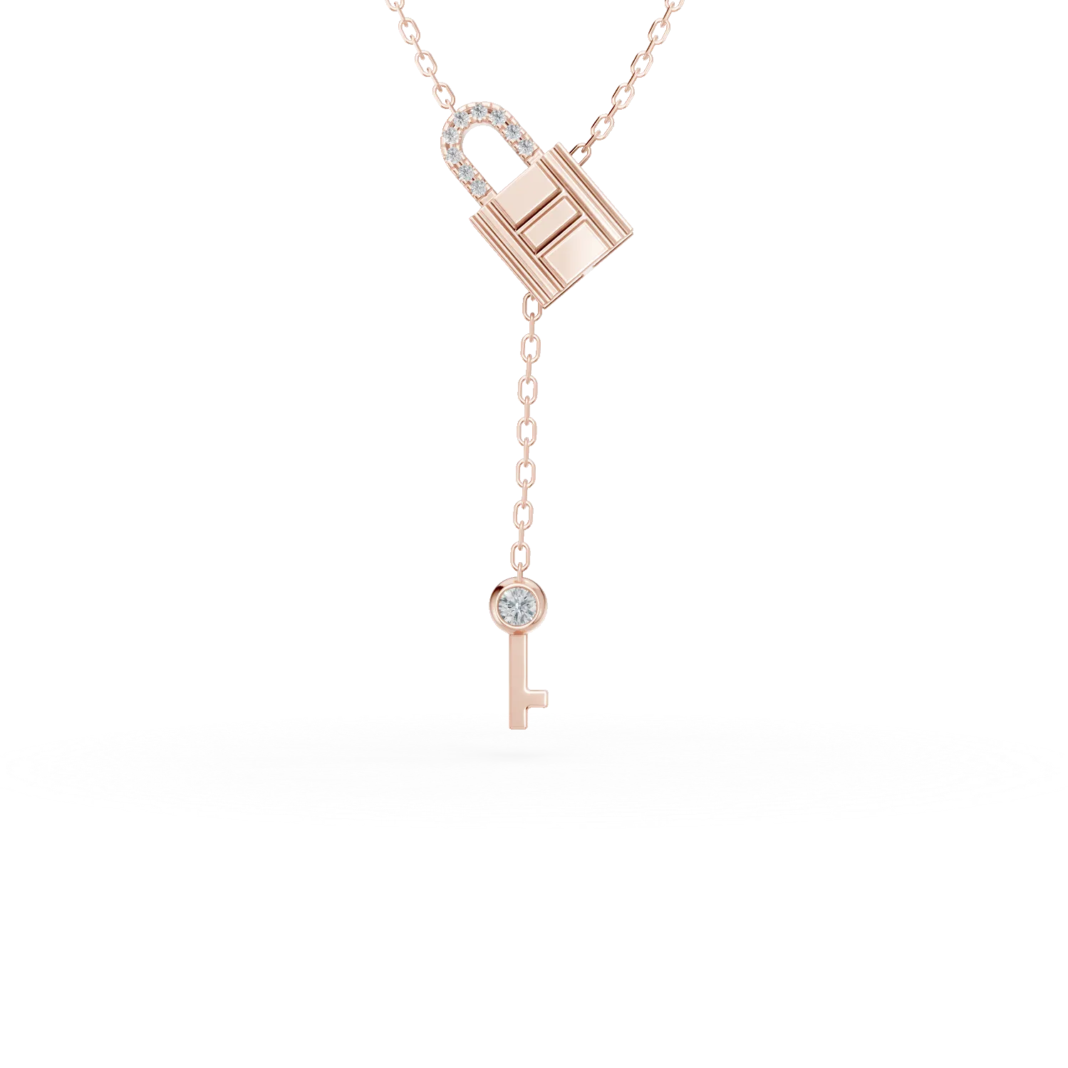 Lant cu pandantive lacat si cheita din aur roz cu diamante de 0.05ct create in laborator