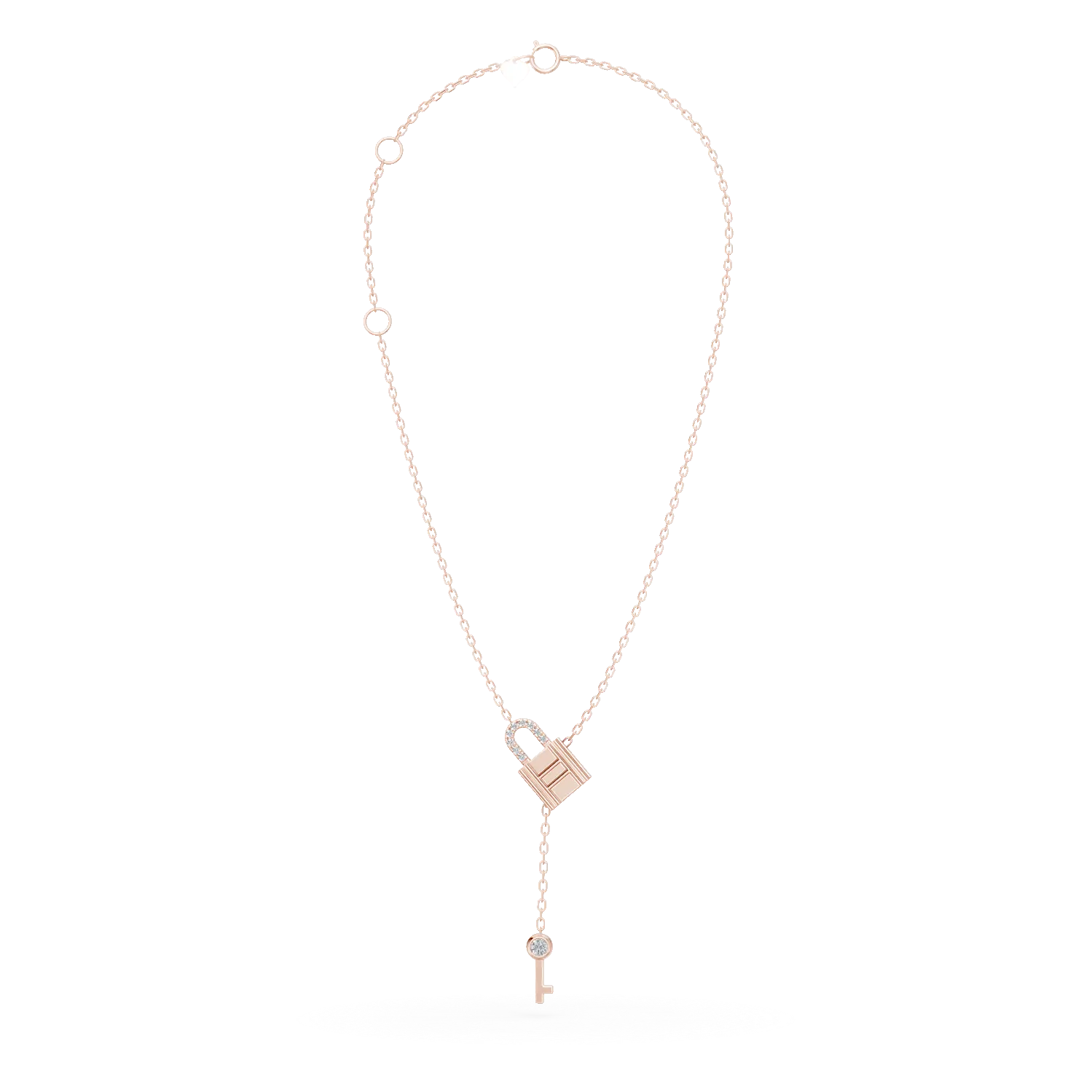 Lant cu pandantive lacat si cheita din aur roz cu diamante de 0.05ct create in laborator