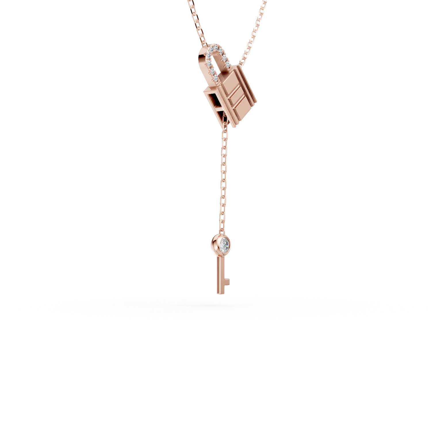 Lant cu pandantive lacat si cheita din aur roz cu diamante de 0.05ct create in laborator