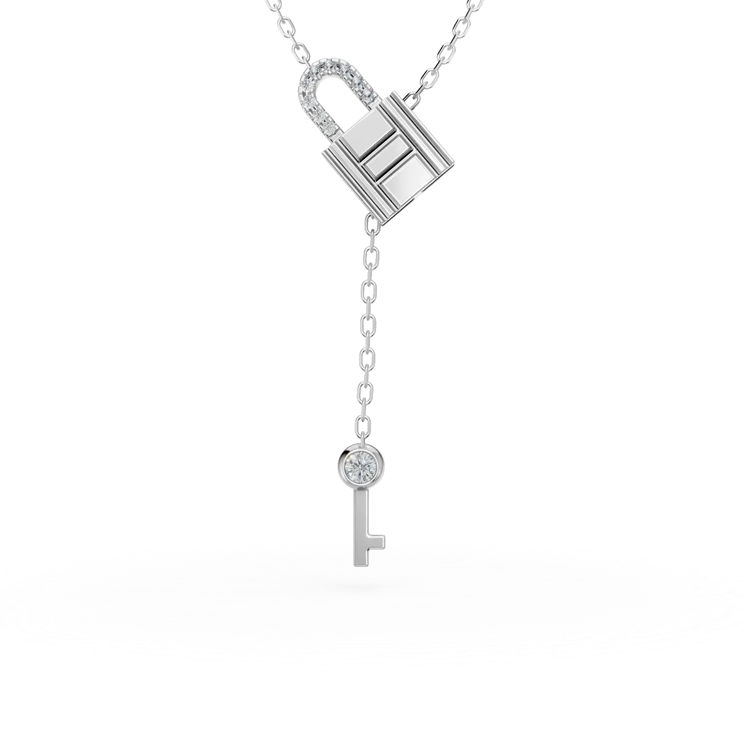 Lant cu pandantive lacat si cheita din aur alb cu diamante de 0.05ct create in laborator