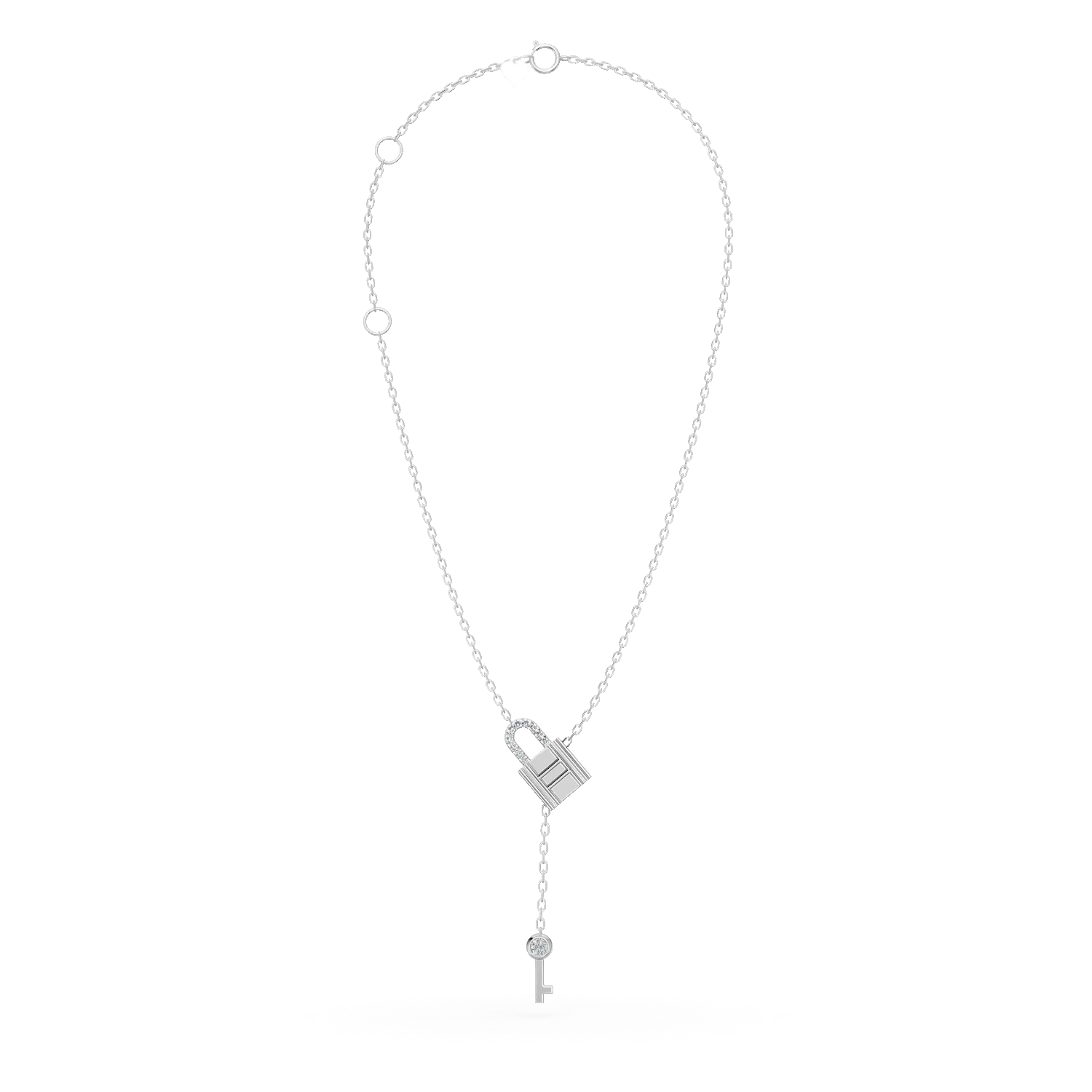 Lant cu pandantive lacat si cheita din aur alb cu diamante de 0.05ct create in laborator