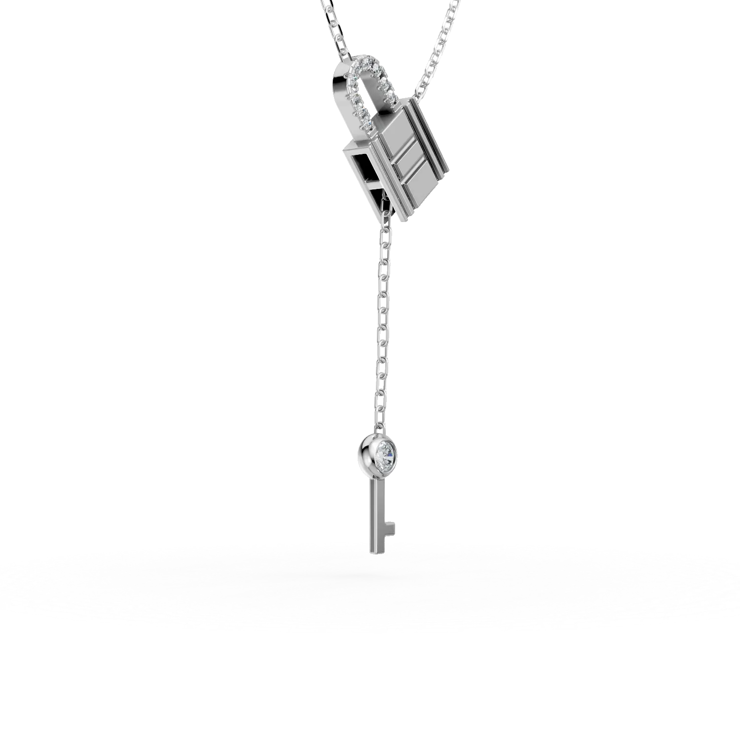 Lant cu pandantive lacat si cheita din aur alb cu diamante de 0.05ct create in laborator