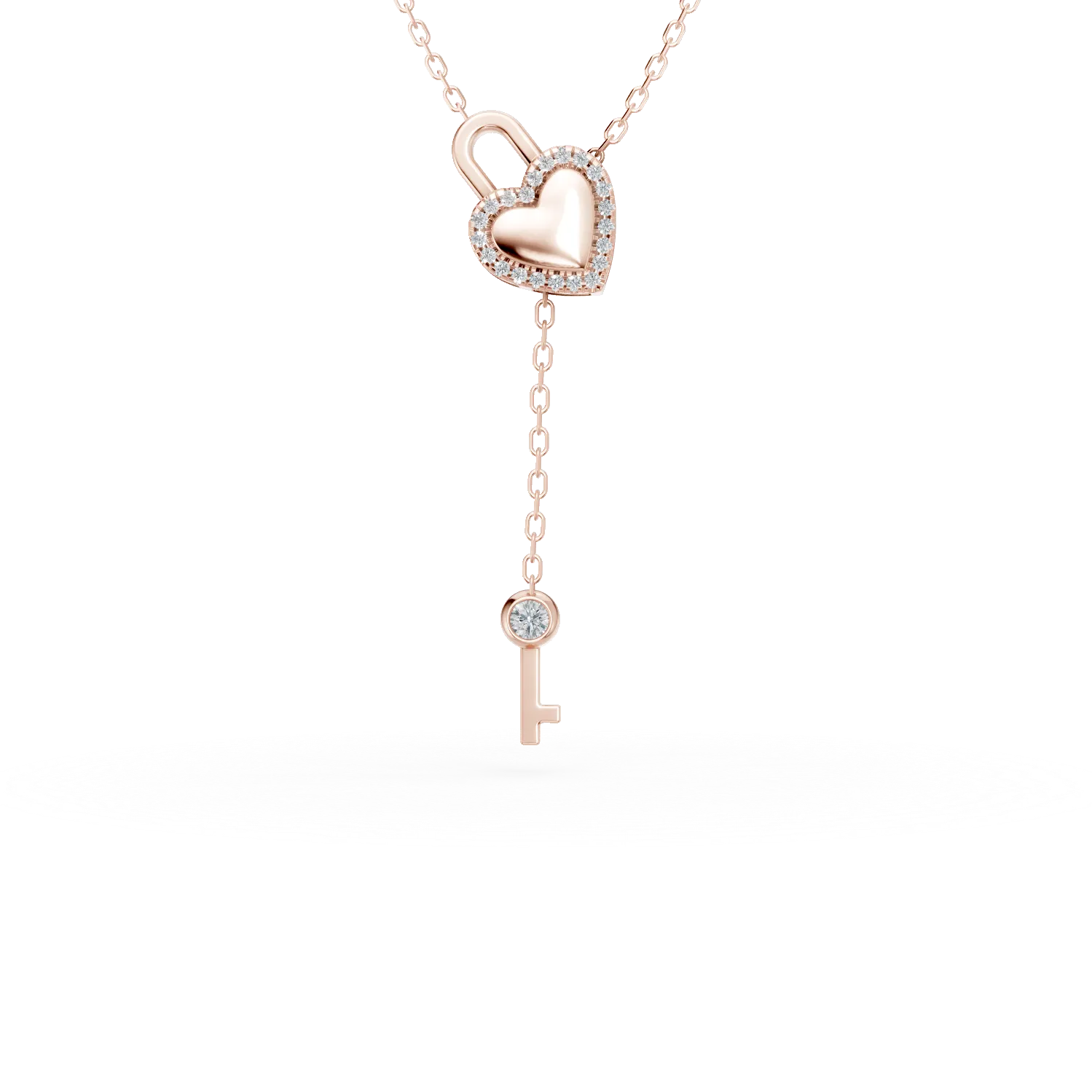 Lant cu pandantiv lacat si cheita din aur roz cu diamante de 0.1ct create in laborator