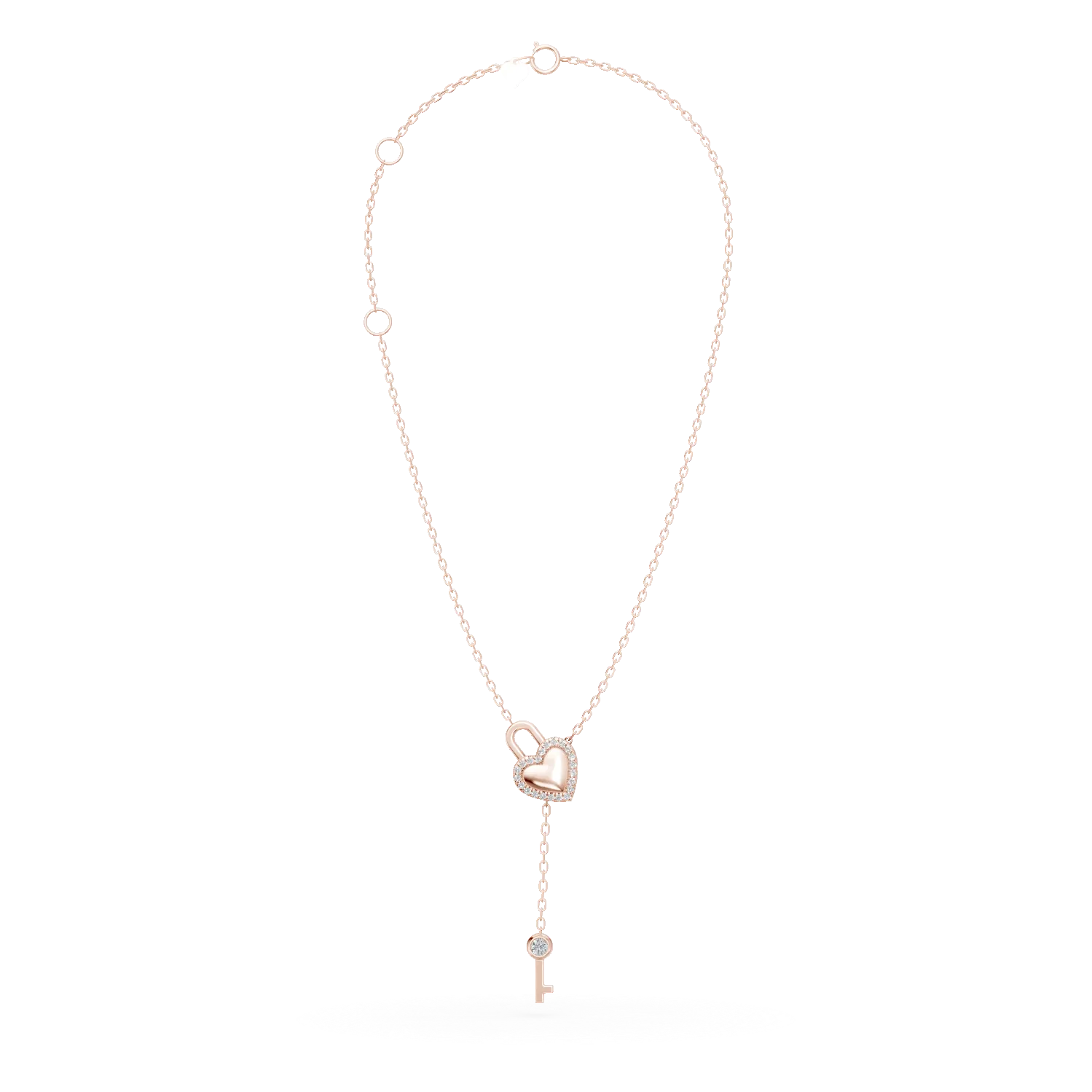 Lant cu pandantiv lacat si cheita din aur roz cu diamante de 0.1ct create in laborator