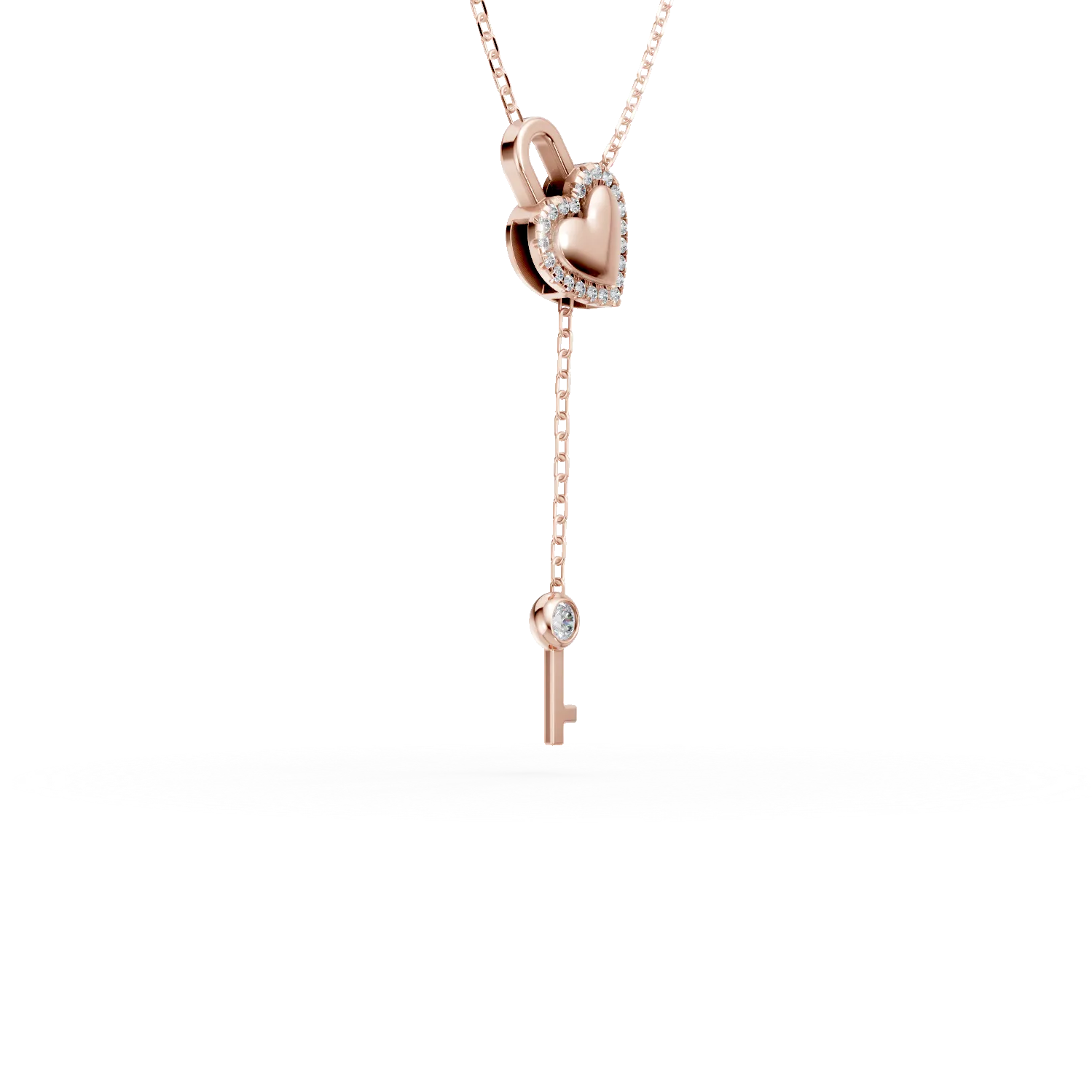 Lant cu pandantiv lacat si cheita din aur roz cu diamante de 0.1ct create in laborator