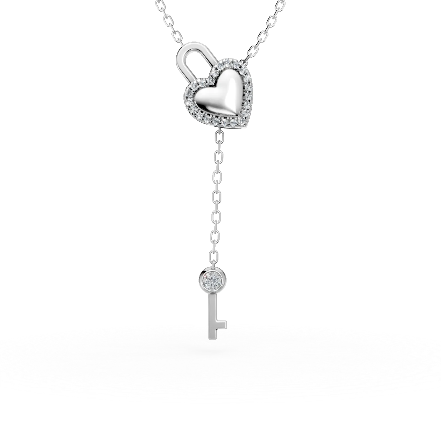 Lant cu pandantiv lacat si cheita din aur alb cu diamante de 0.1ct create in laborator