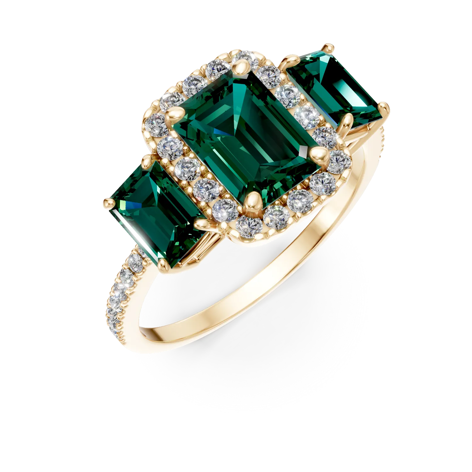 Inel din aur galben cu smaralde si diamante de 1.7ct create in laborator