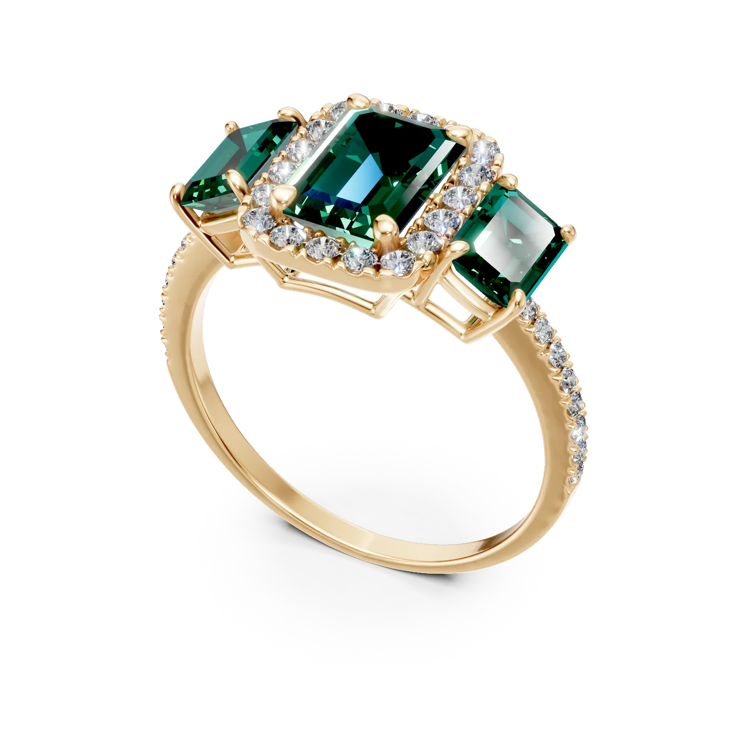 Inel din aur galben cu smaralde si diamante de 1.7ct create in laborator