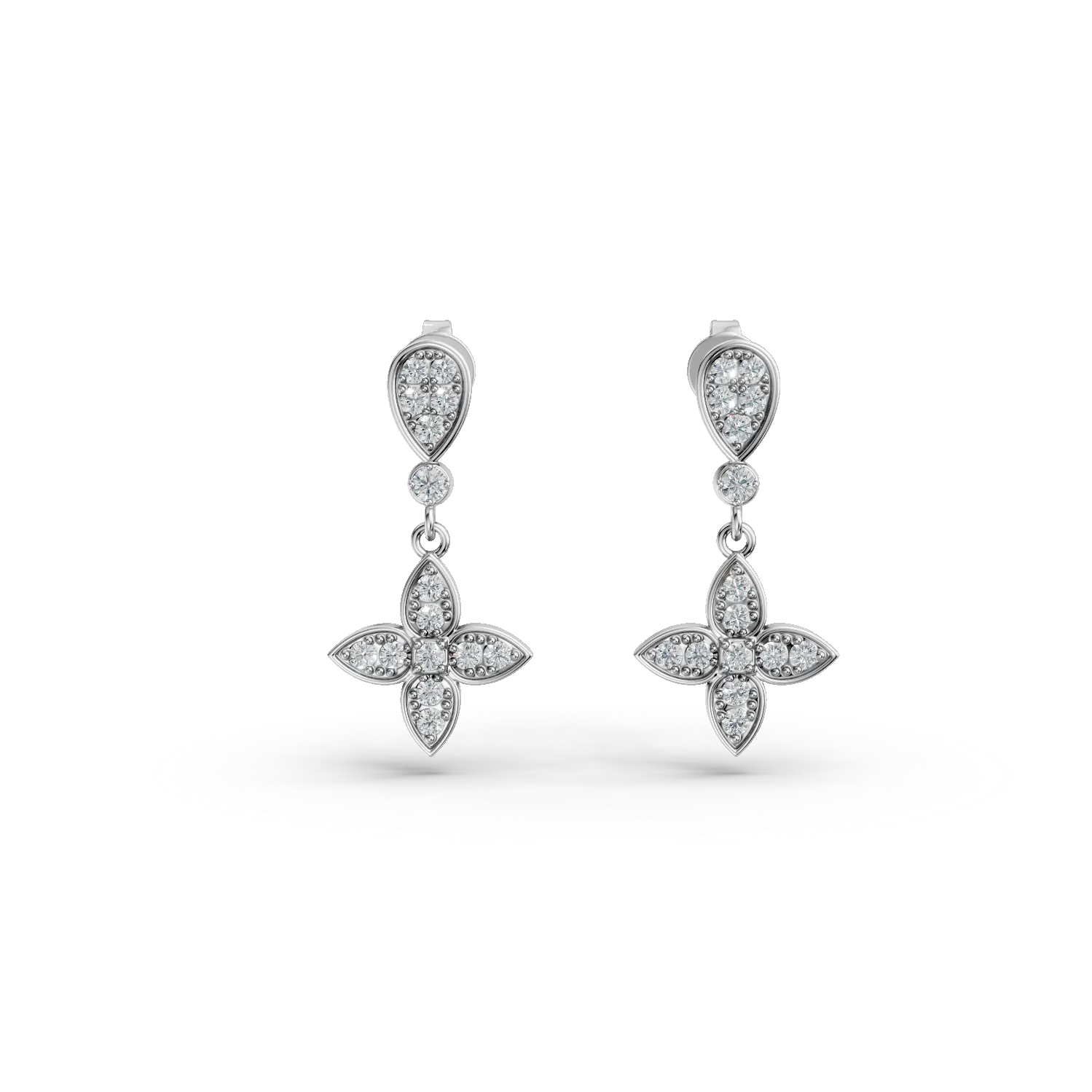 Cercei floare din aur alb cu diamante de 0.2ct create in laborator