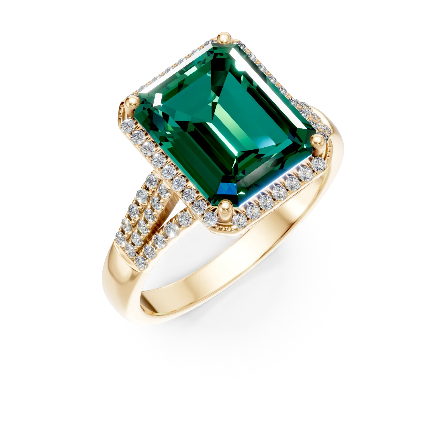 Inel din aur galben cu smarald si diamante create in laborator de 6.1ct