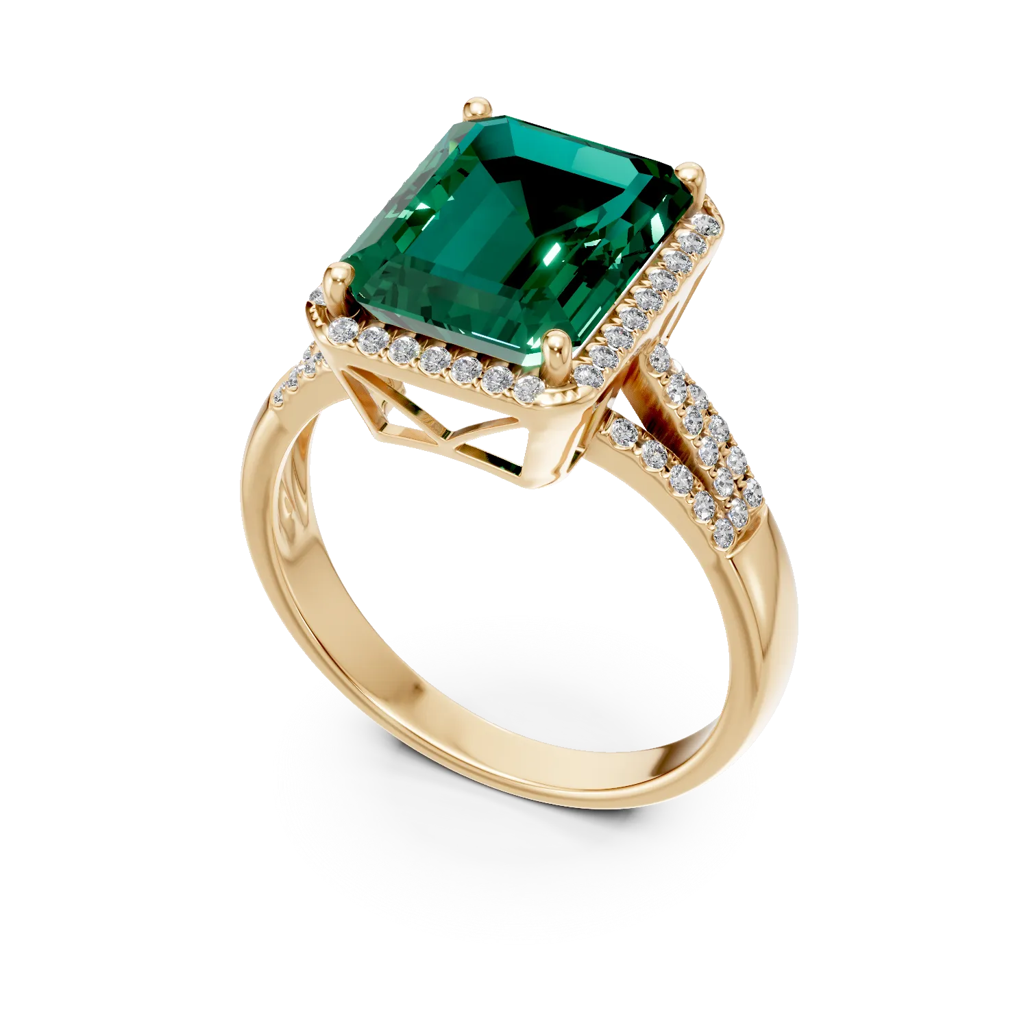 Inel din aur galben cu smarald si diamante create in laborator de 6.1ct