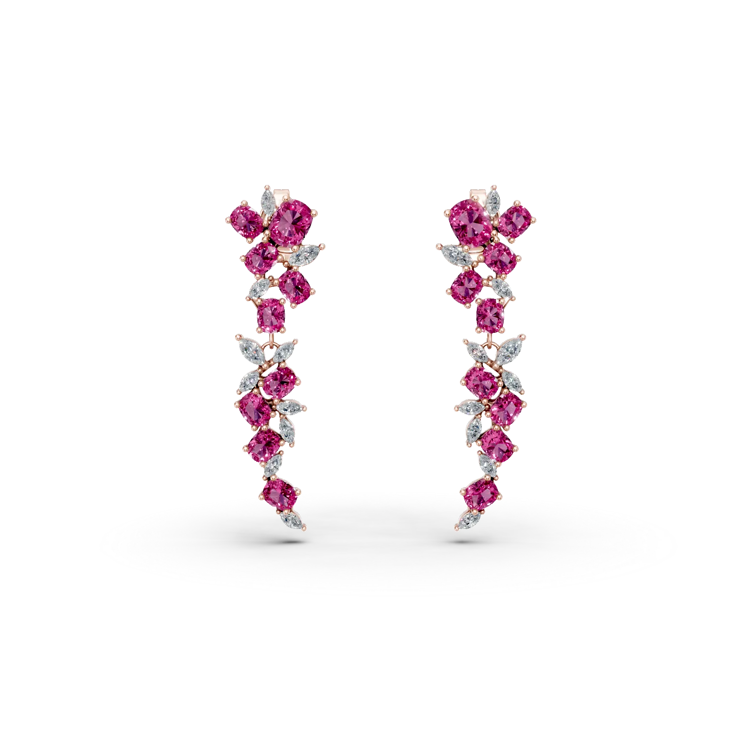 Cercei lungi din argint roz cu zirconii albe si roz