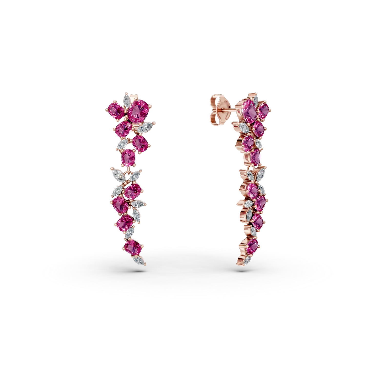 Cercei lungi din argint roz cu zirconii albe si roz