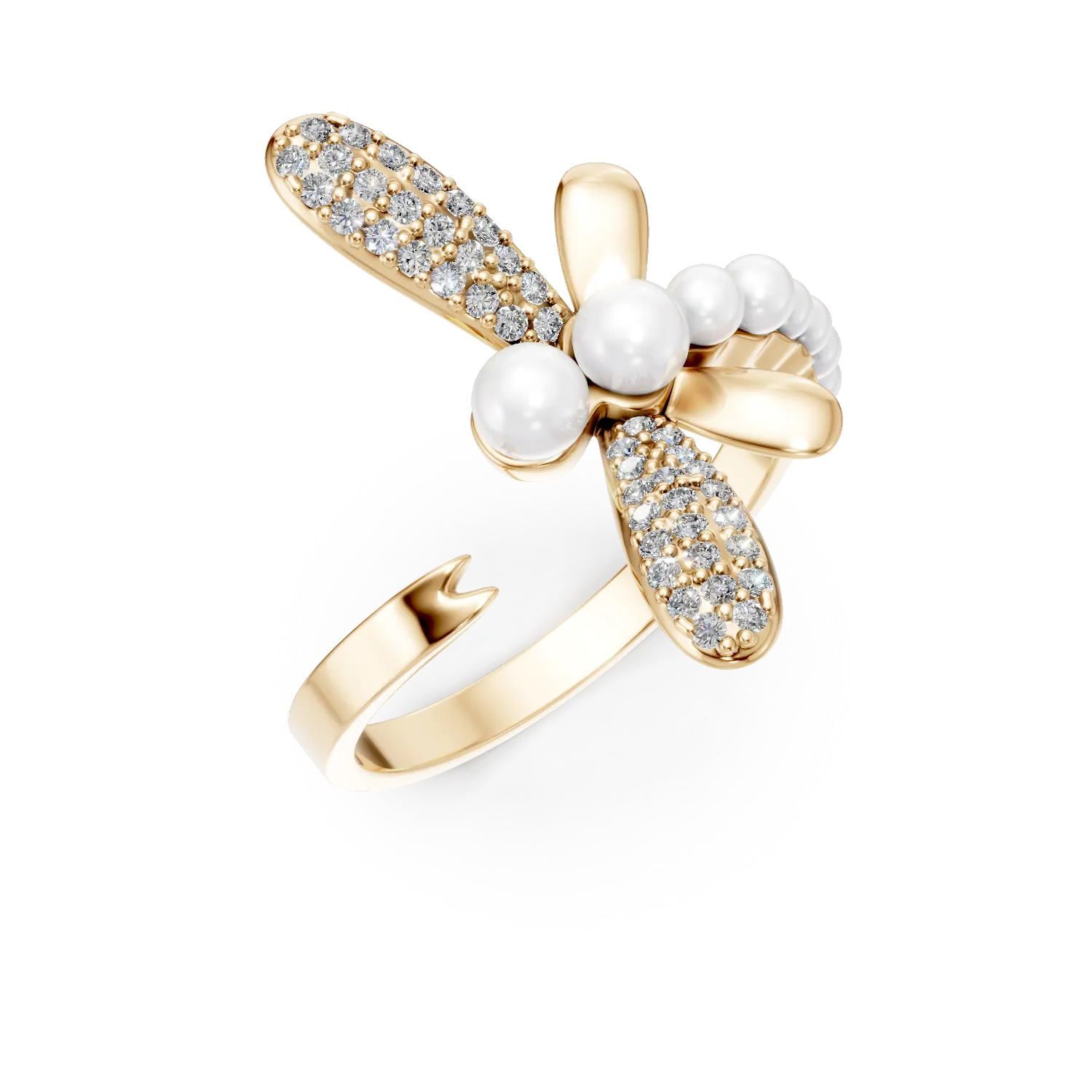 Inel libelula din argint galben cu perle sintetice si zirconii