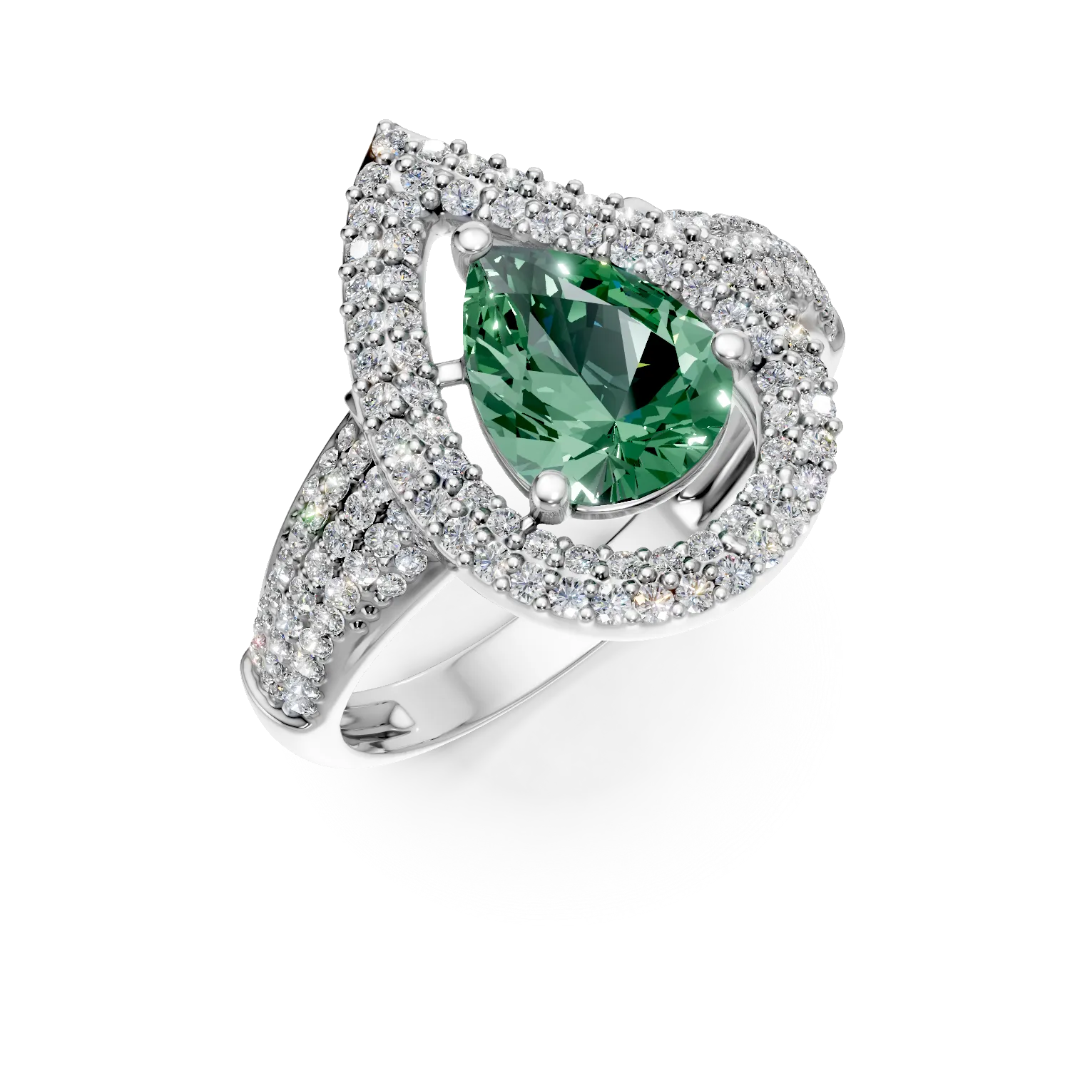 Inel lacrima din argint cu zirconii verzi si transparente