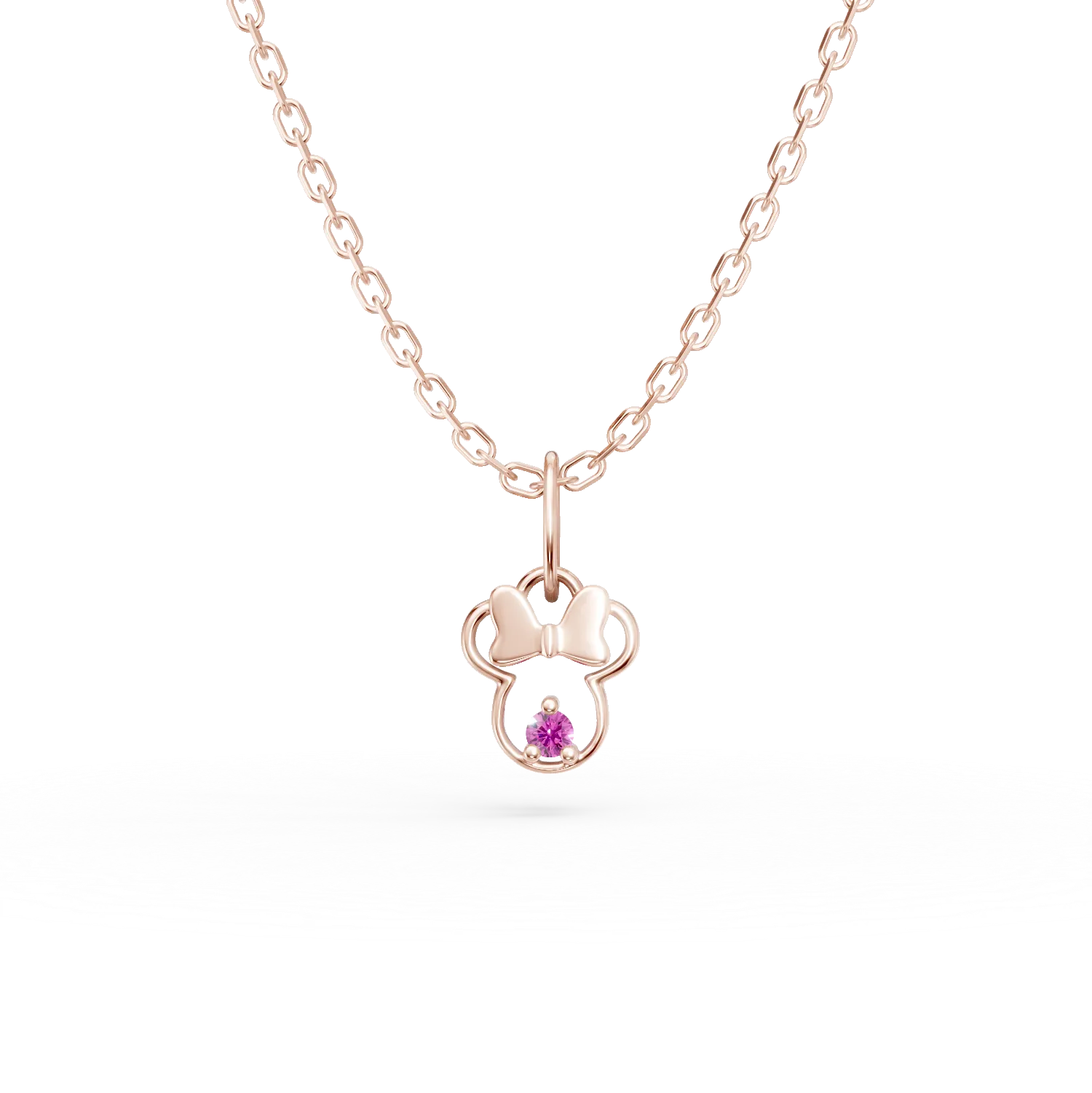 Lant cu pandantiv Minnie din aur roz cu safir roz de 0.02ct pentru copii