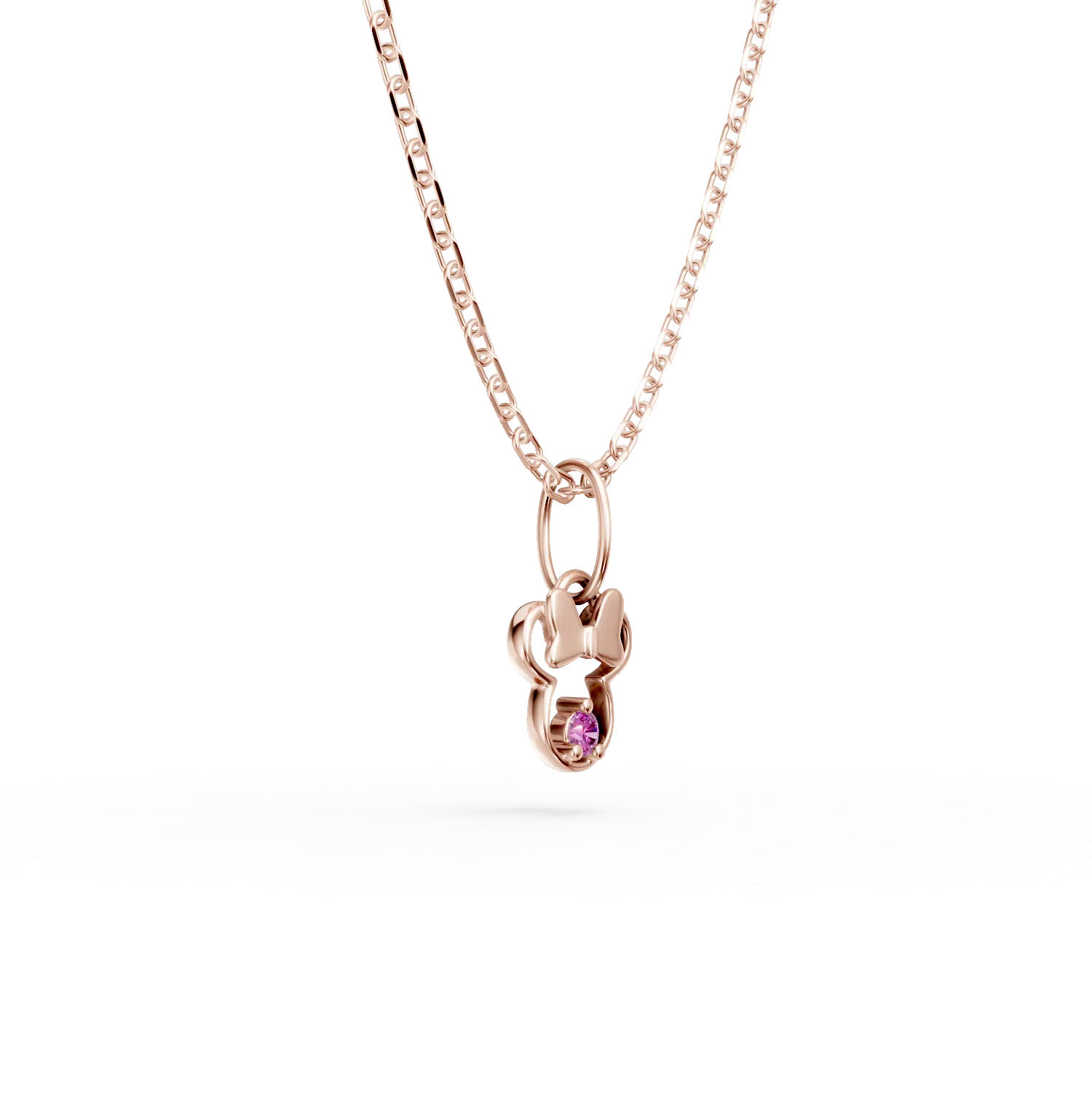 Lant cu pandantiv Minnie din aur roz cu safir roz de 0.02ct pentru copii