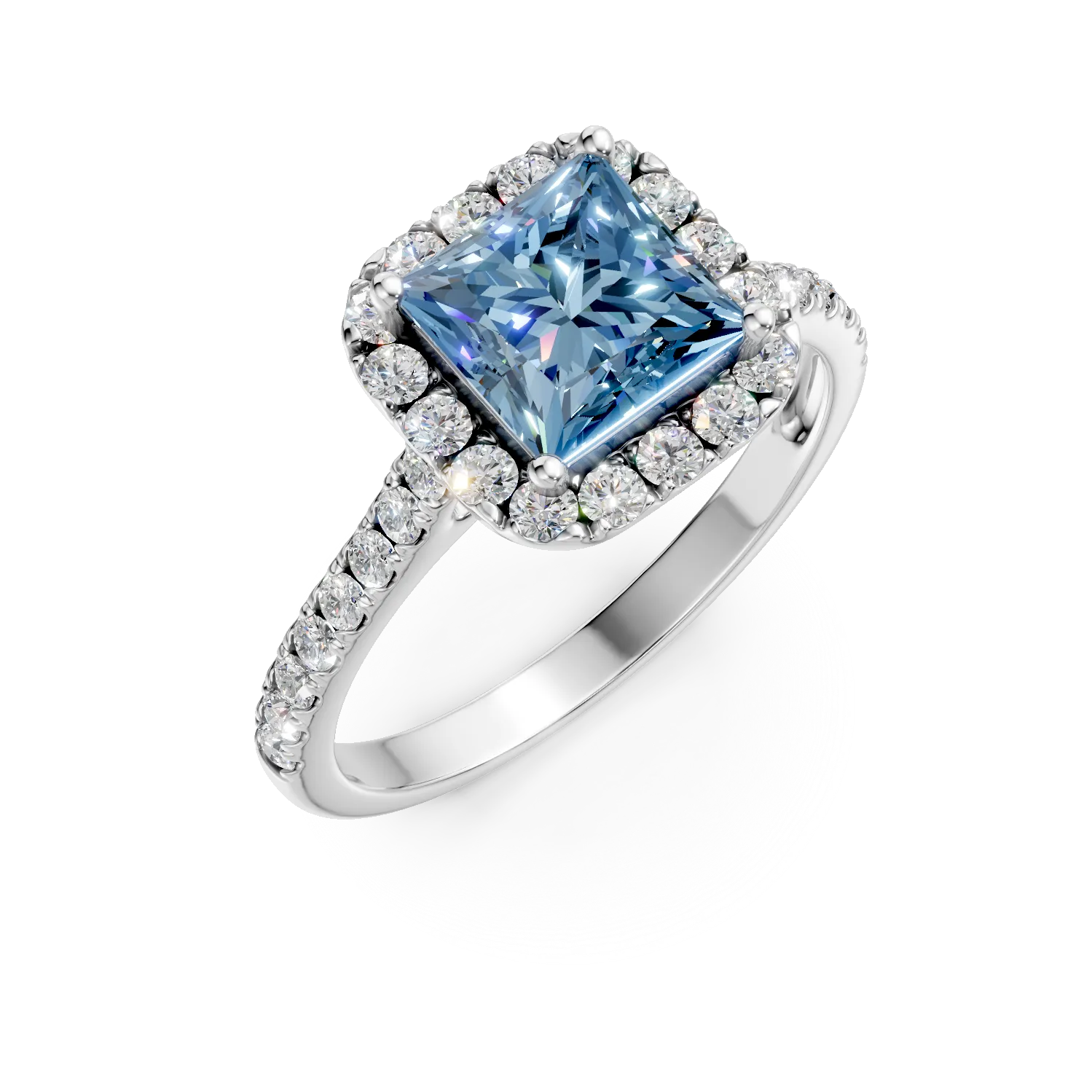 Inel de logodna din aur alb cu diamante albastre si incolore de 1.4ct create in laborator