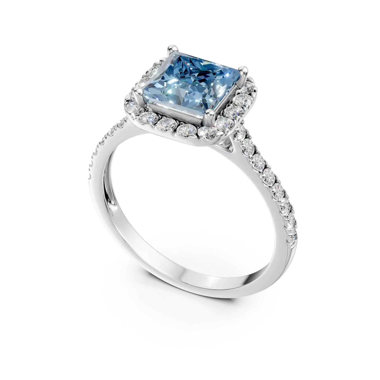 Inel de logodna din aur alb cu diamante albastre si incolore de 1.4ct create in laborator