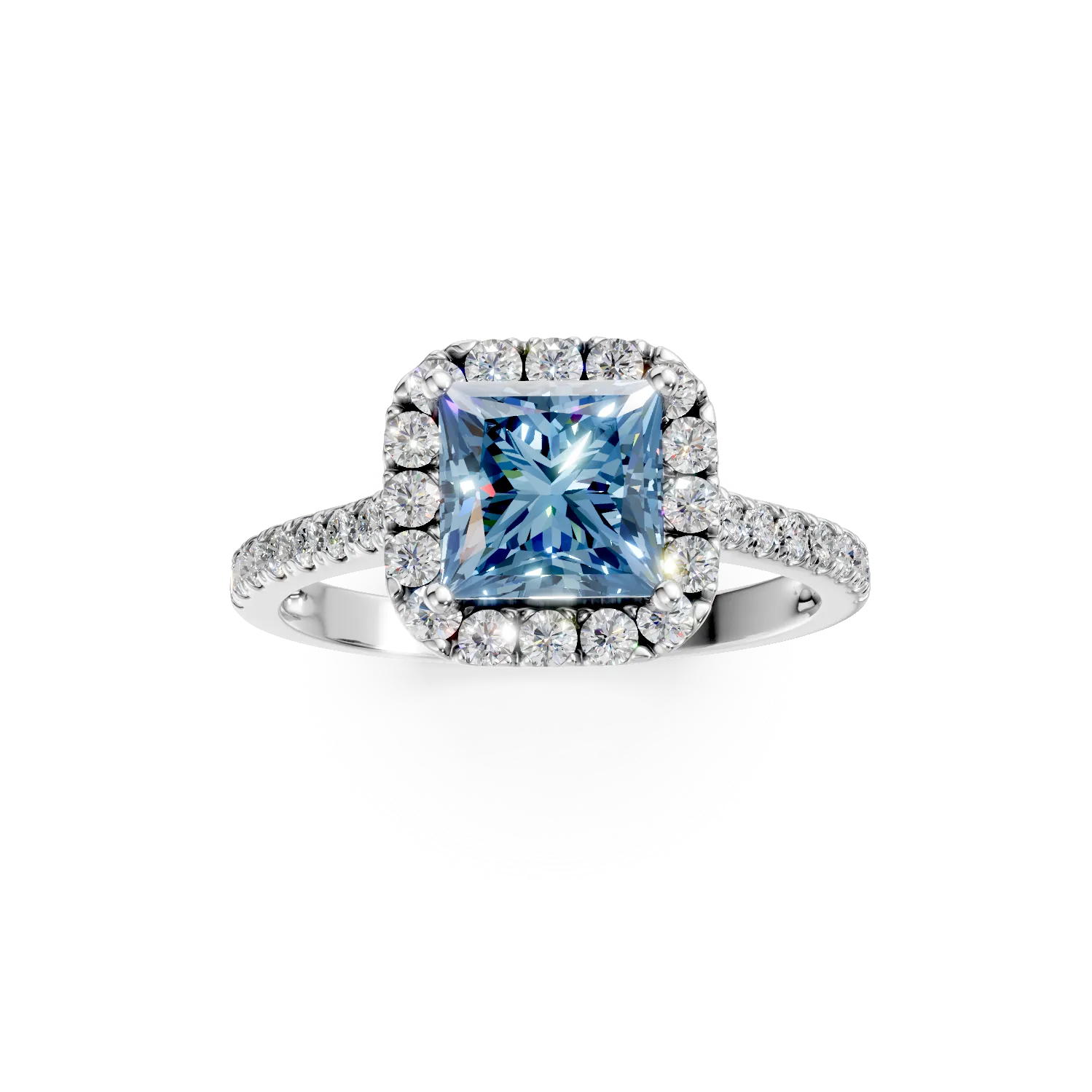Inel de logodna din aur alb cu diamante albastre si incolore de 1.4ct create in laborator