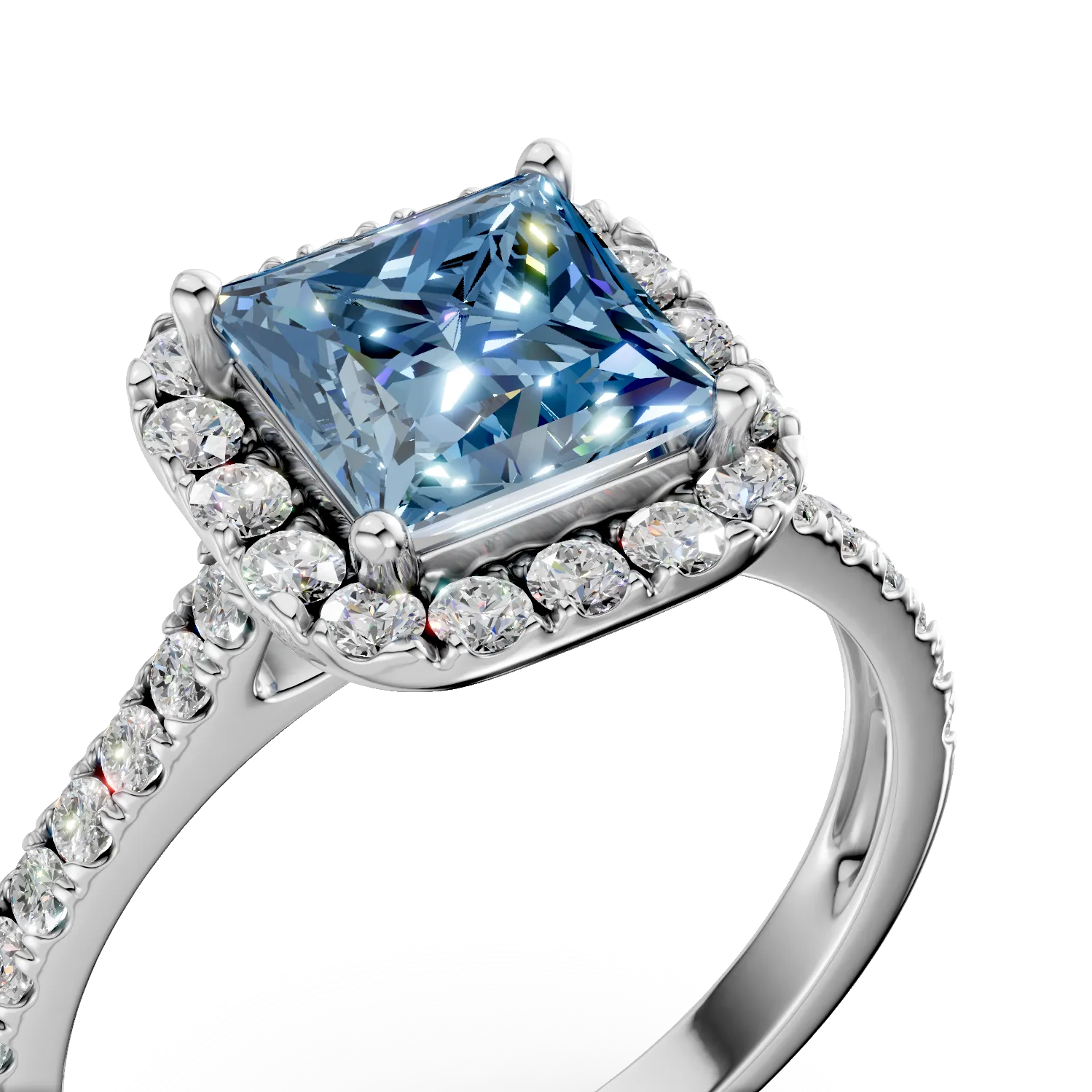 Inel de logodna din aur alb cu diamante albastre si incolore de 1.4ct create in laborator