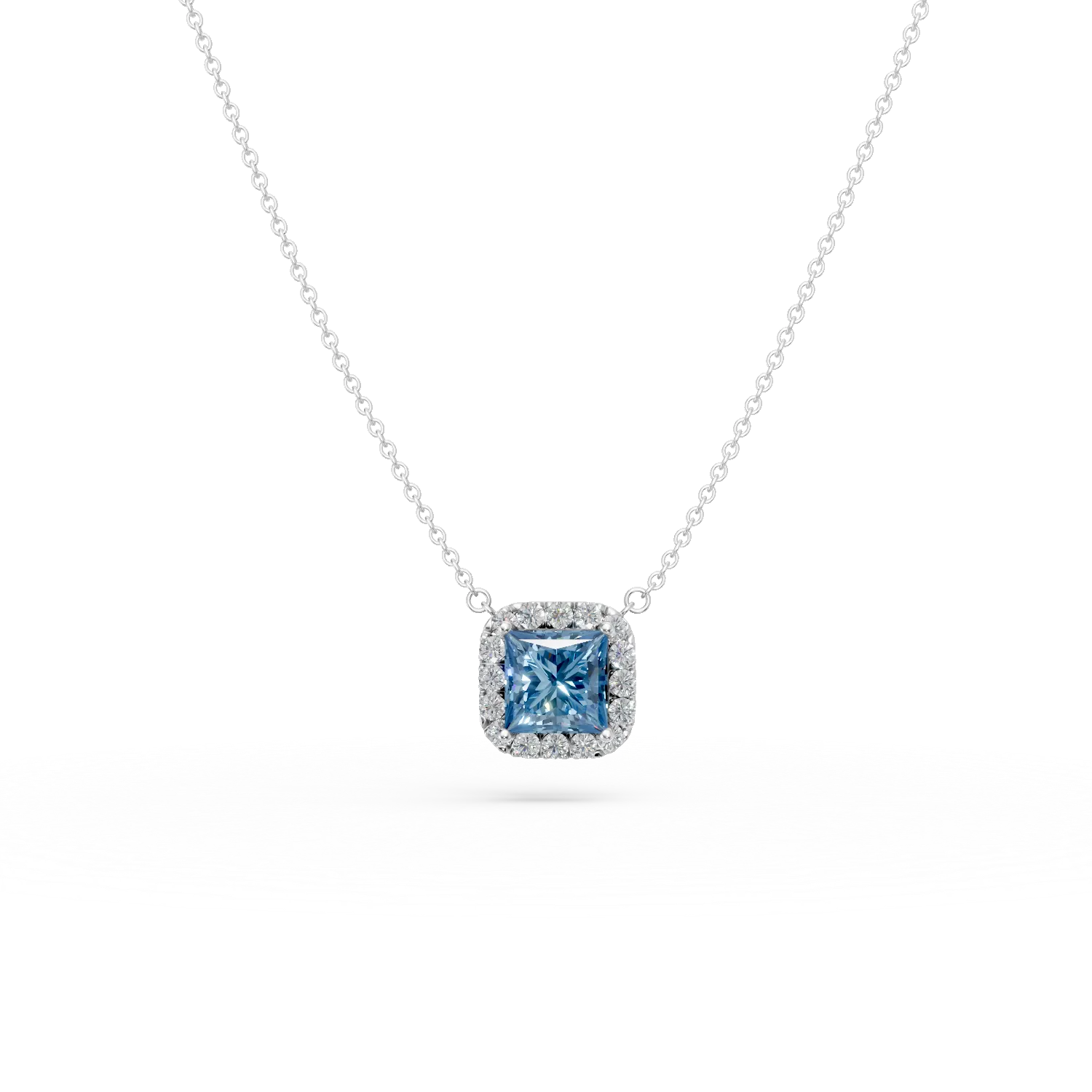 Lant cu pandantiv din aur alb cu diamante albastre si incolore de 1.2ct create in laborator