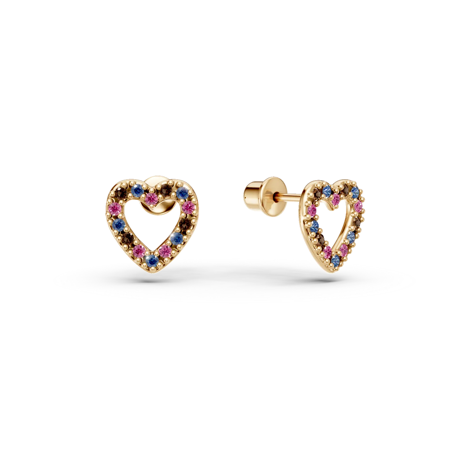 Cercei inimi din aur galben cu zirconii multicolore pentru copii