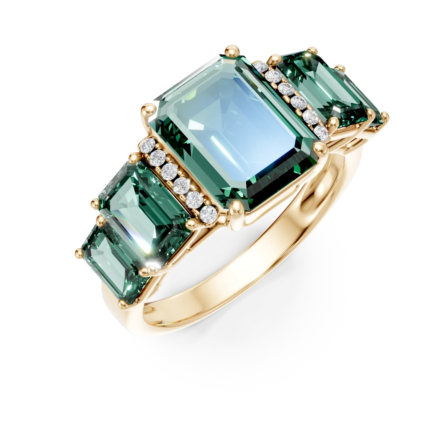 Inel geometric din aur galben cu smaralde si diamante de 3.7ct create in laborator