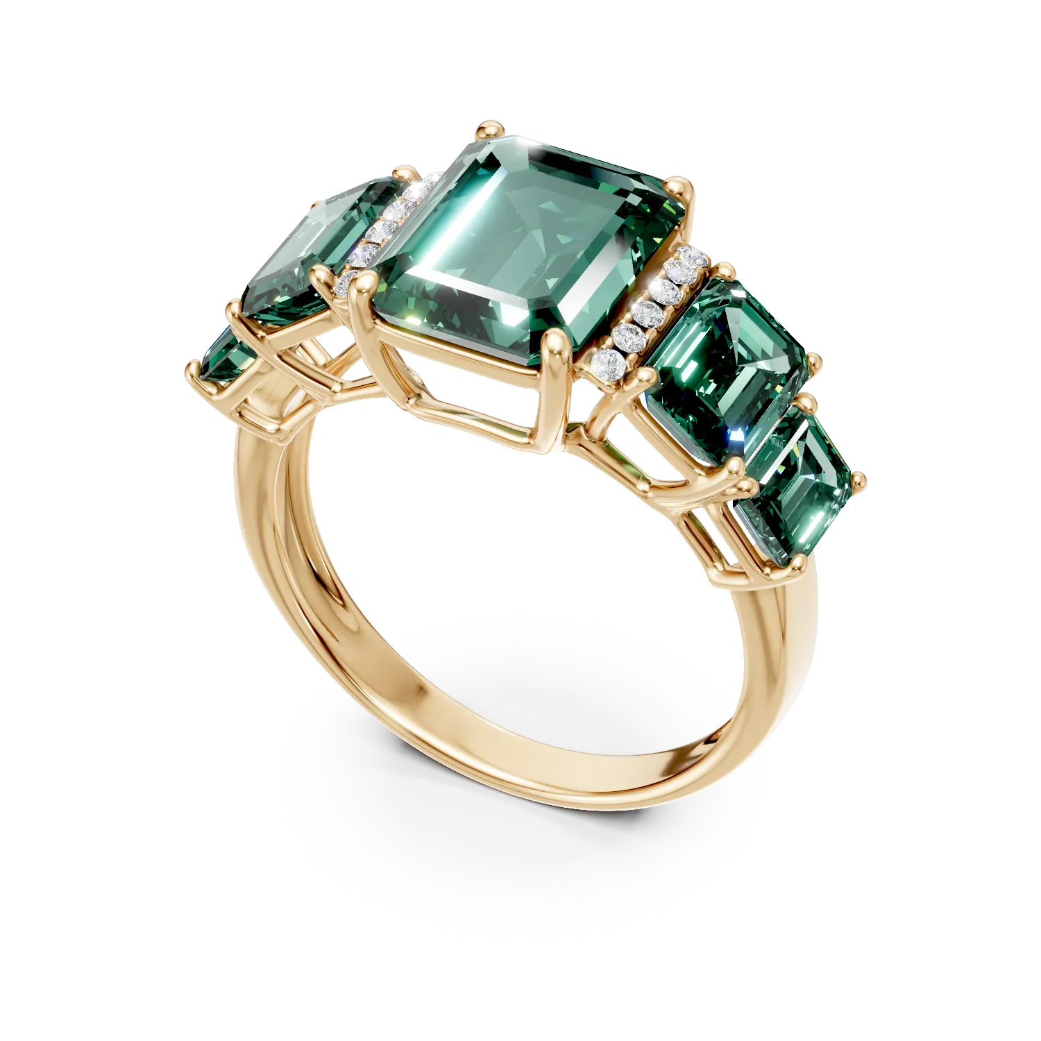 Inel geometric din aur galben cu smaralde si diamante de 3.7ct create in laborator