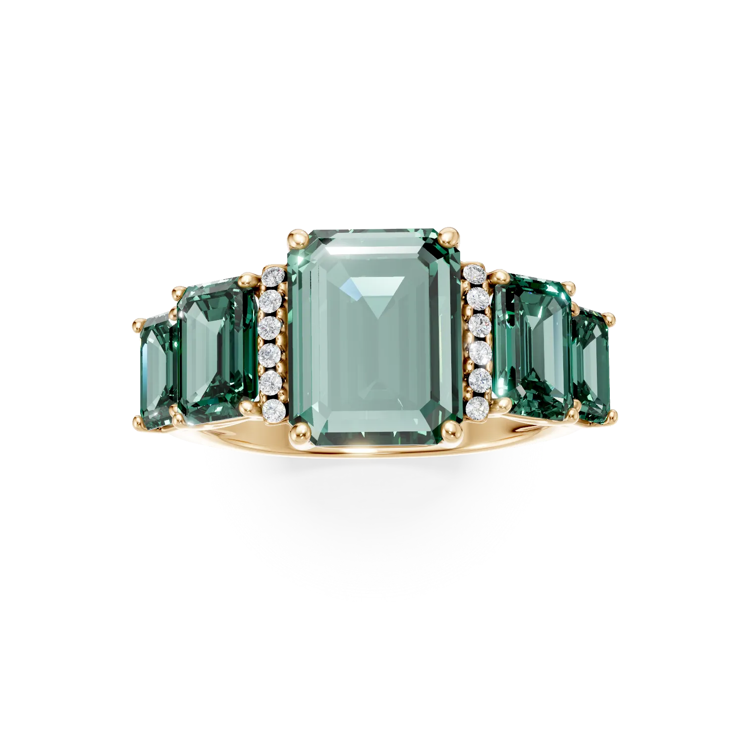 Inel geometric din aur galben cu smaralde si diamante de 3.7ct create in laborator