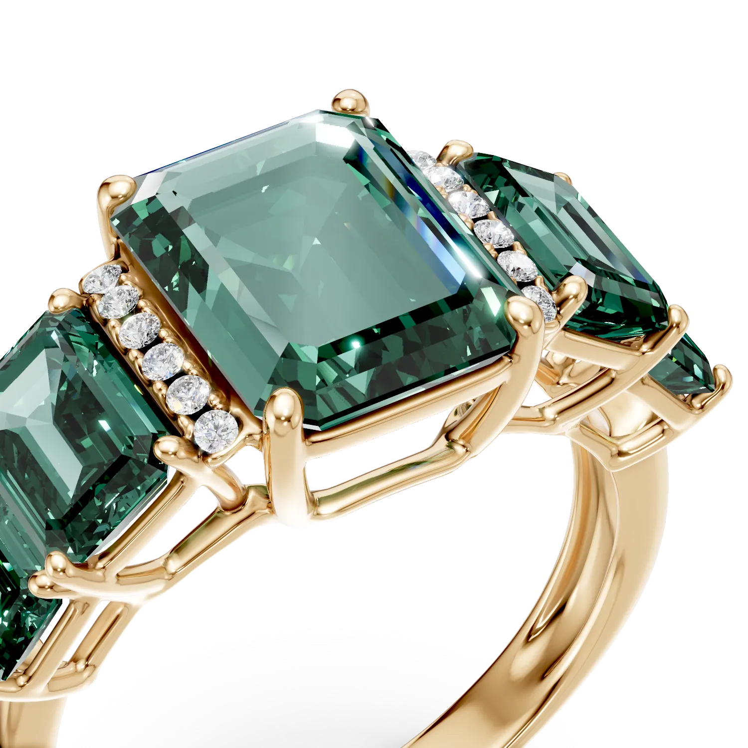 Inel geometric din aur galben cu smaralde si diamante de 3.7ct create in laborator