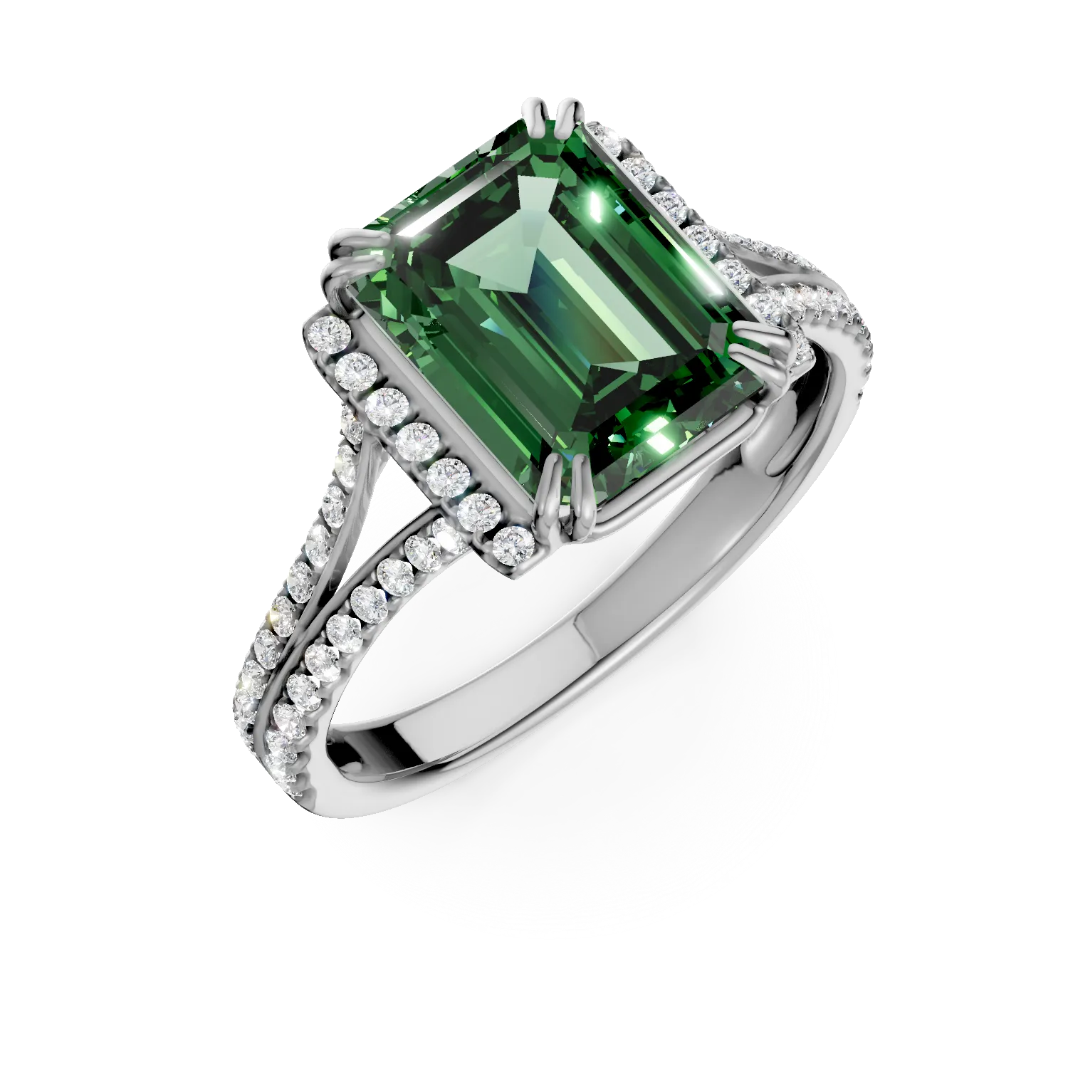 Inel din aur alb cu smarald si diamante de 2.1ct create in laborator