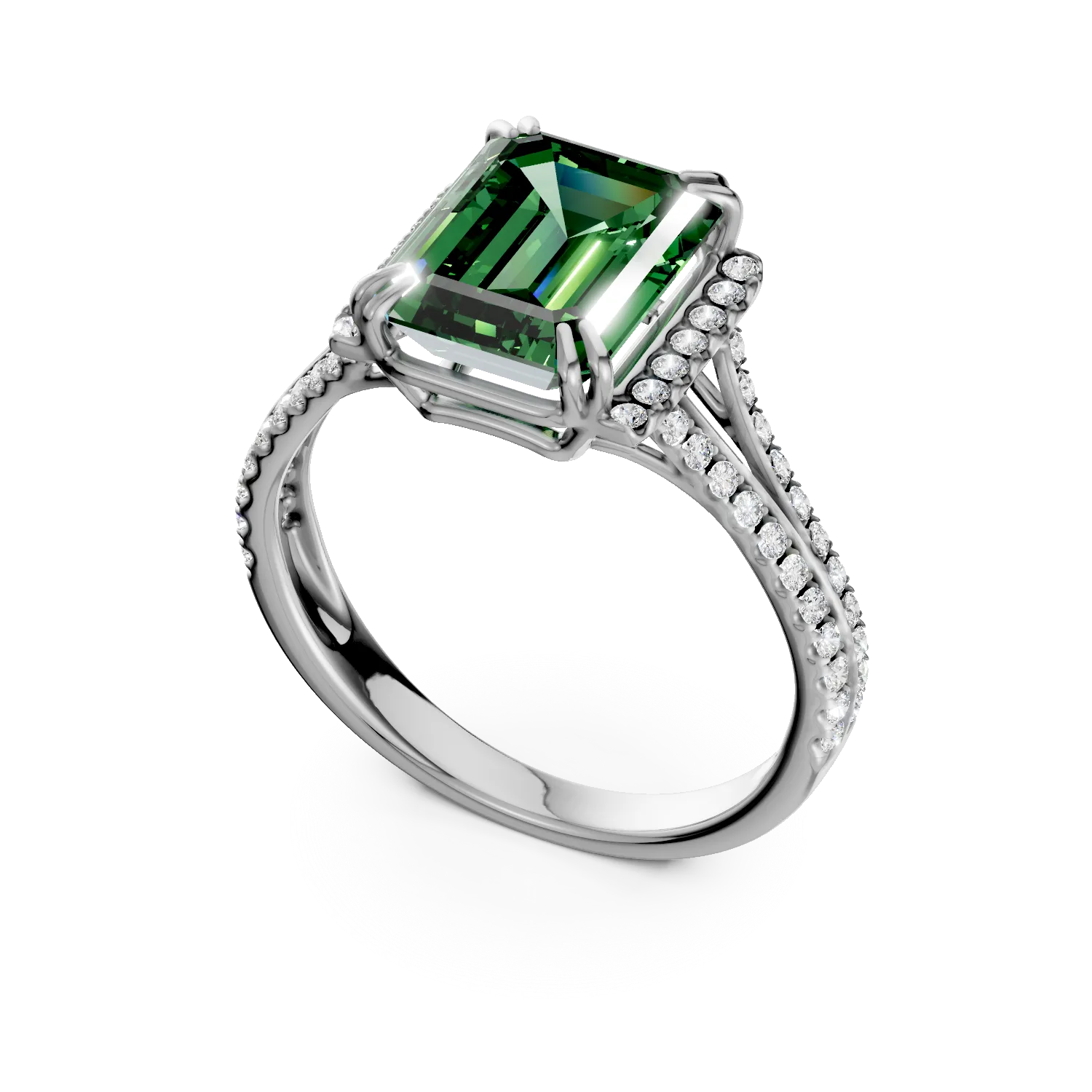 Inel din aur alb cu smarald si diamante de 2.1ct create in laborator
