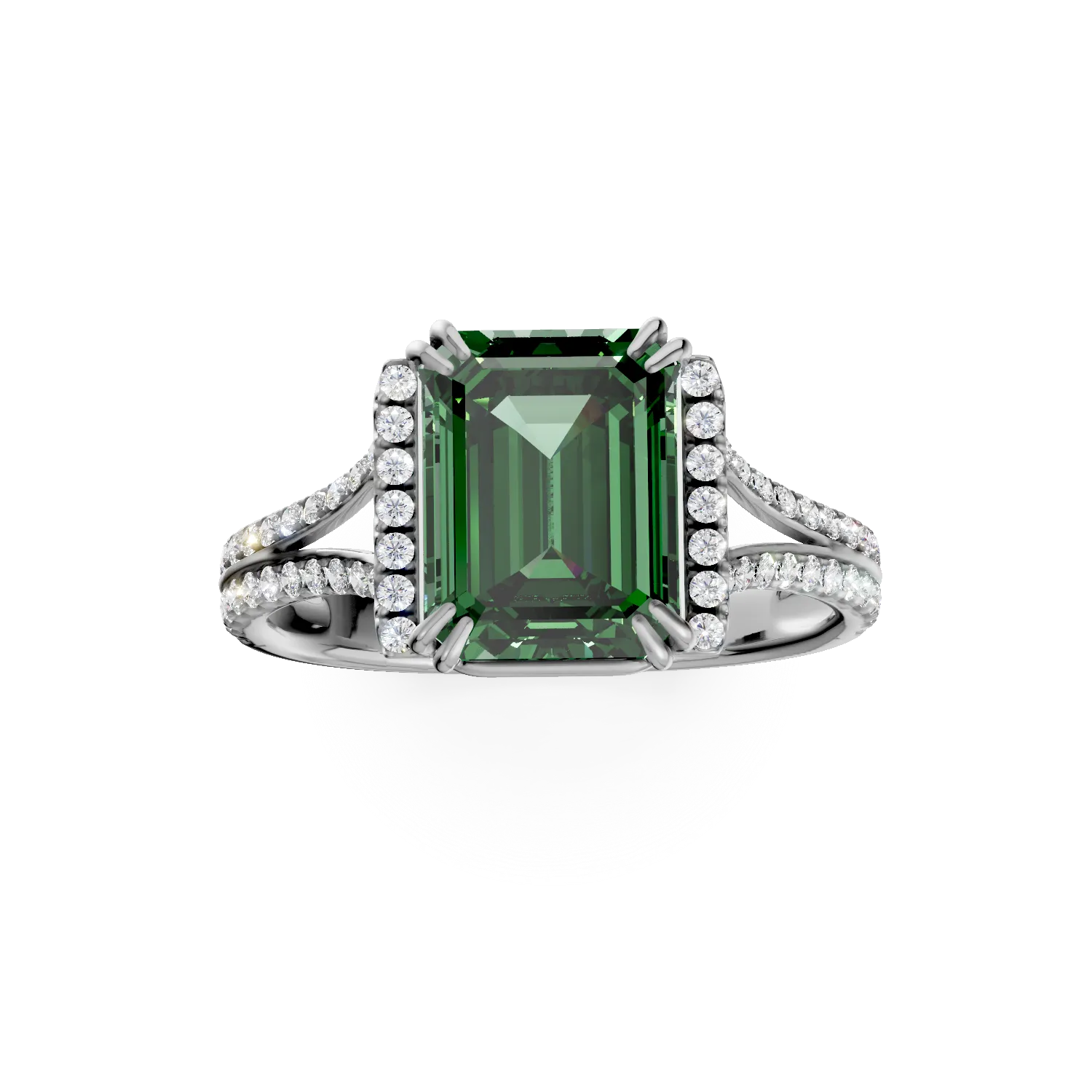 Inel din aur alb cu smarald si diamante de 2.1ct create in laborator