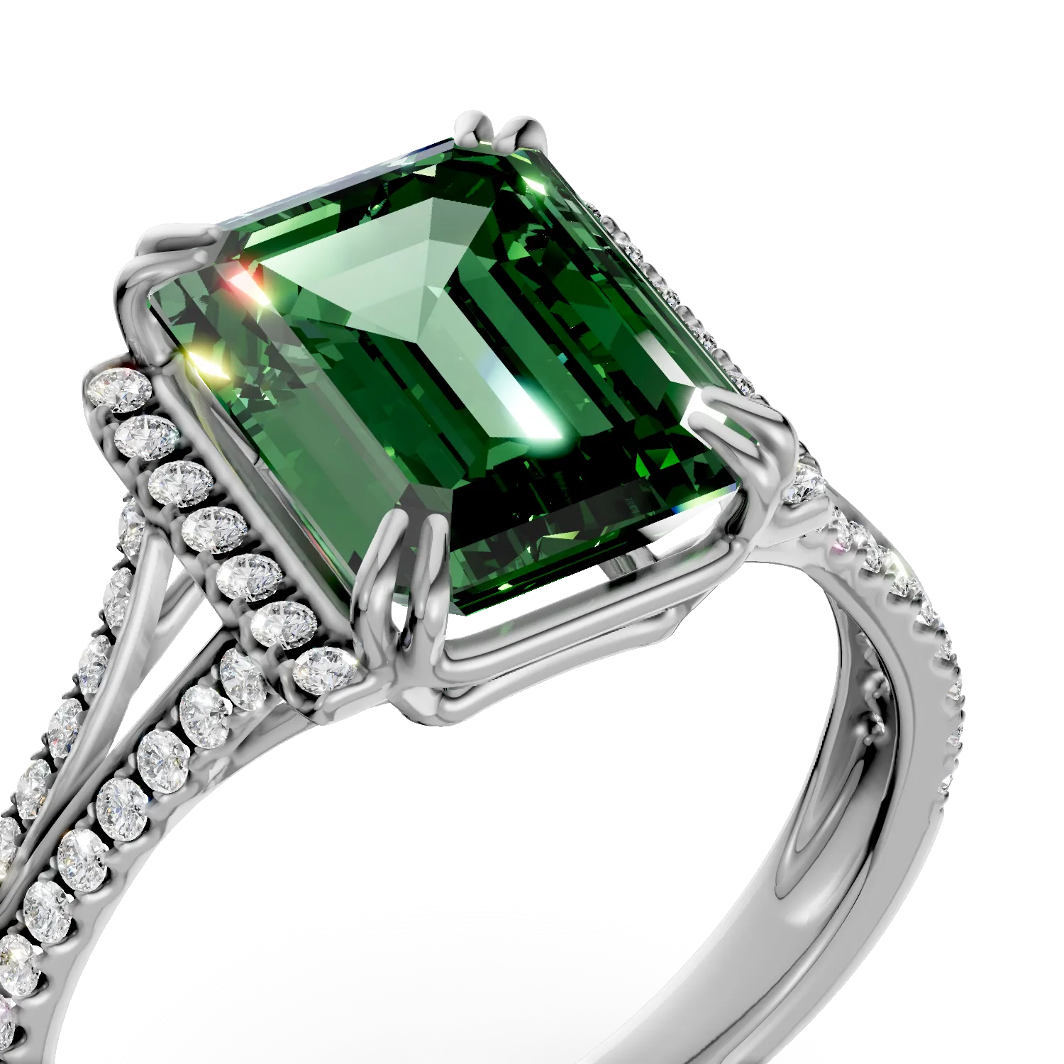 Inel din aur alb cu smarald si diamante de 2.1ct create in laborator
