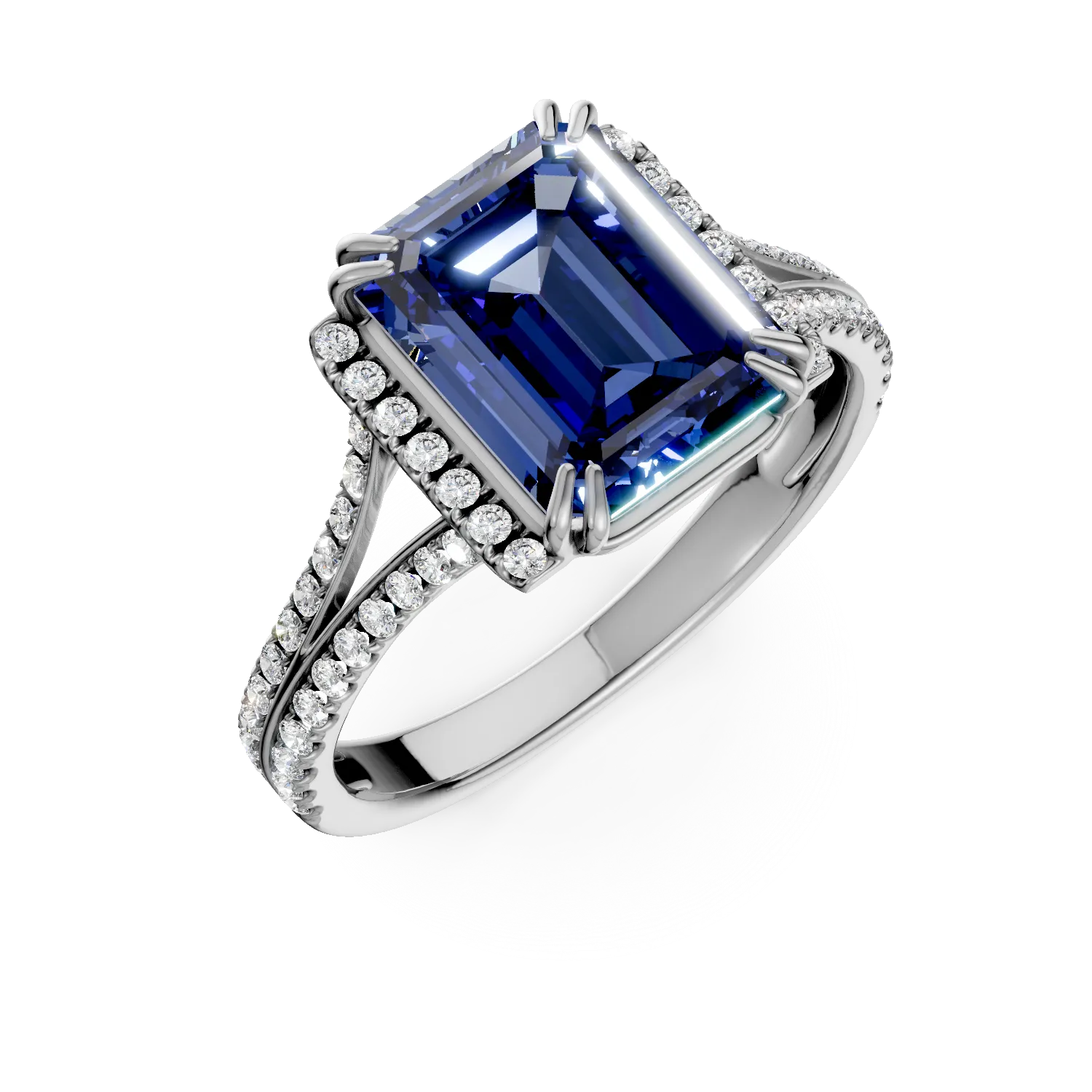 Inel din aur alb cu safir si diamante de 3.5ct create in laborator