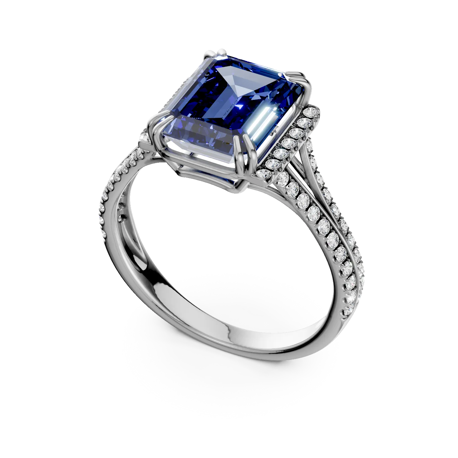 Inel din aur alb cu safir si diamante de 3.5ct create in laborator