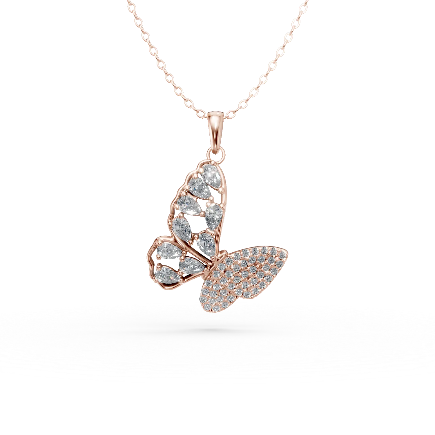 Lant cu pandantiv fluture din argint roz cu zirconii