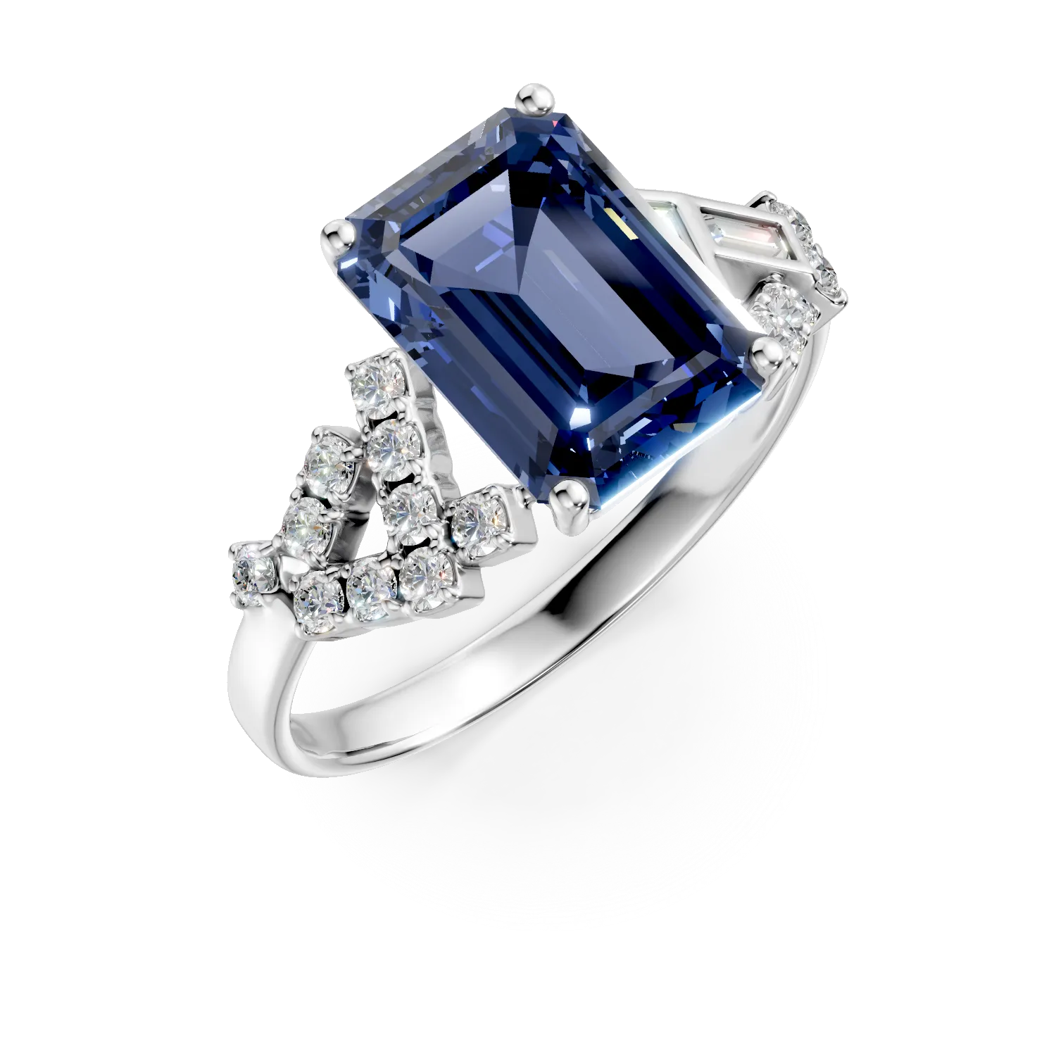 Inel din aur alb cu safir si diamante de 3.6ct create in laborator