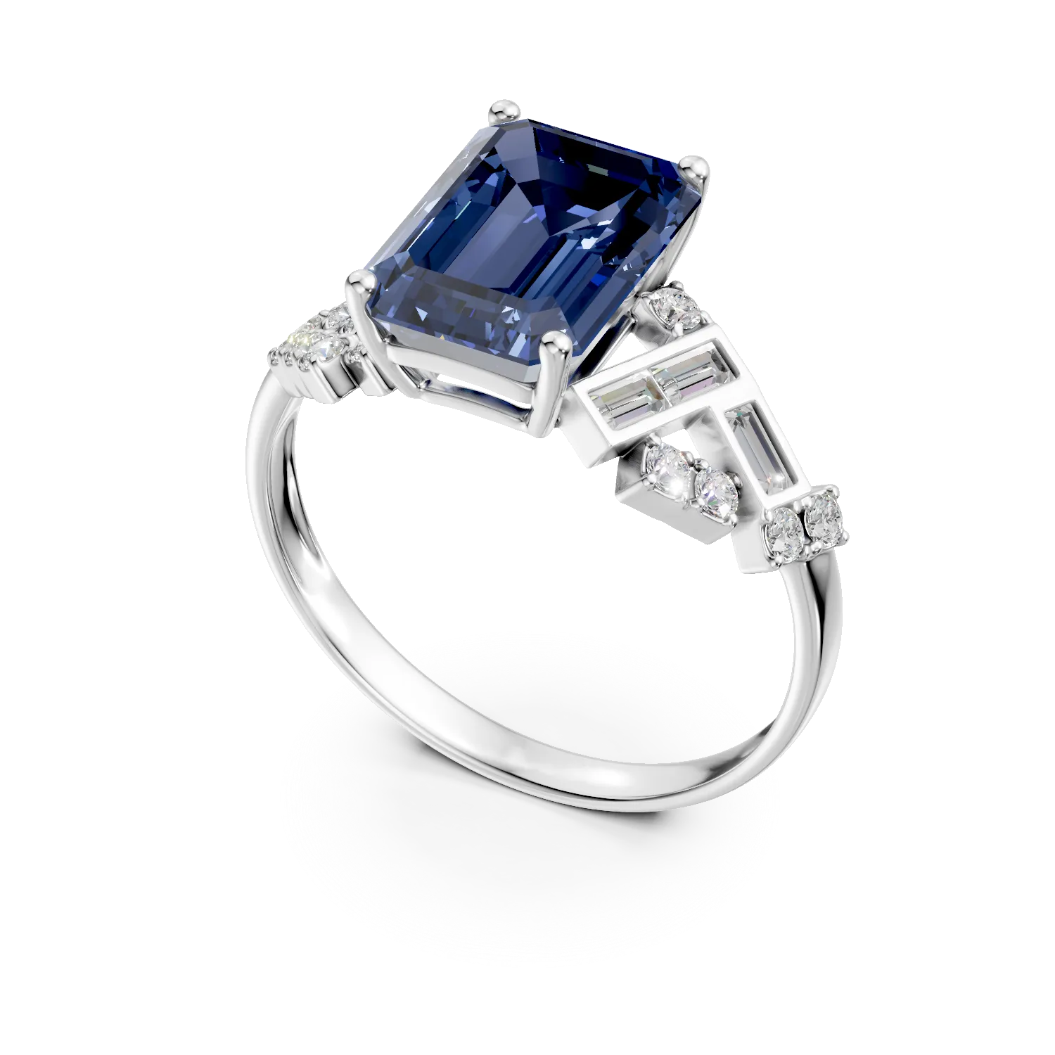 Inel din aur alb cu safir si diamante de 3.6ct create in laborator